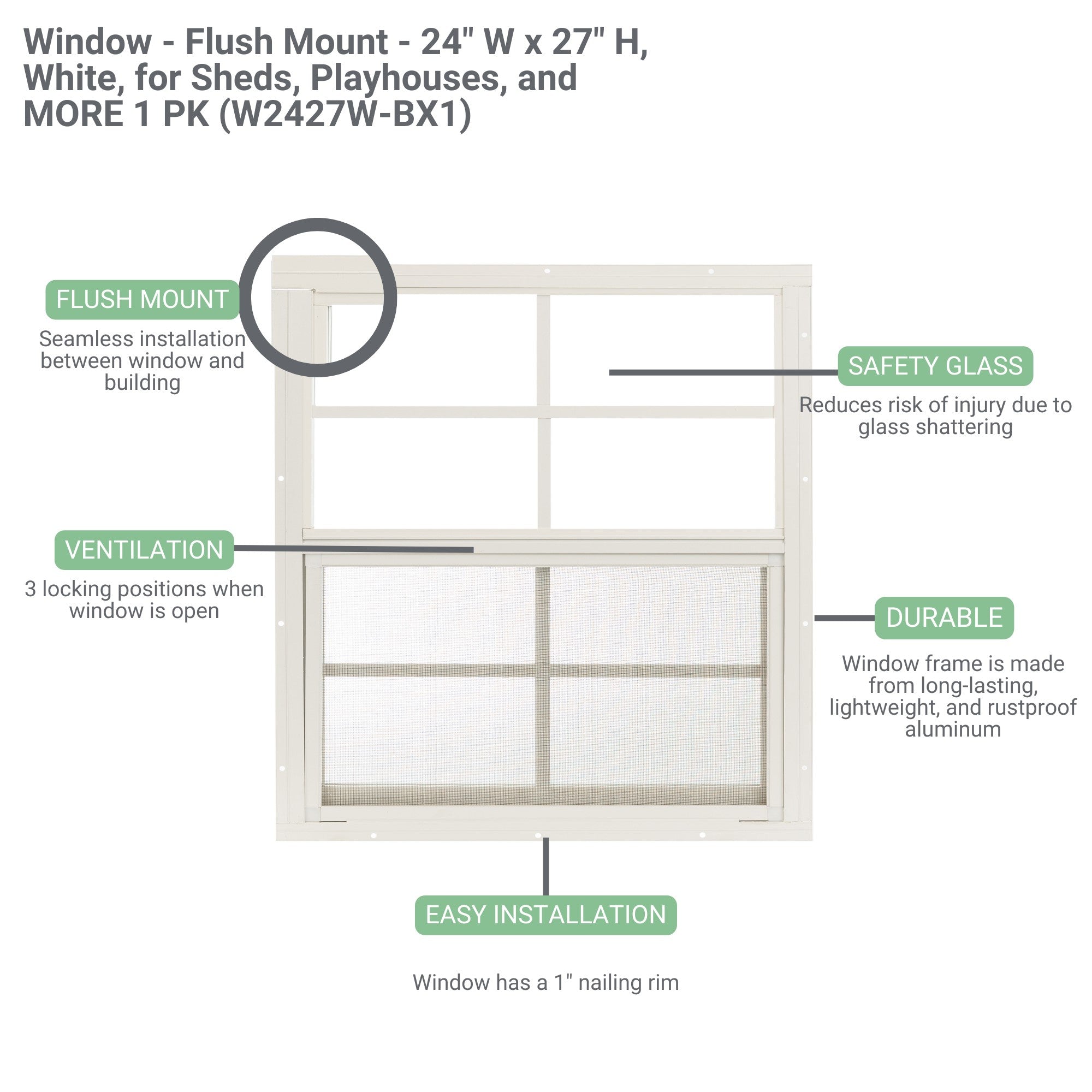 24" W x 27" H Single Hung Flush Mount Shed Window  with 4 Grids for Sheds, Playhouses, and MORE