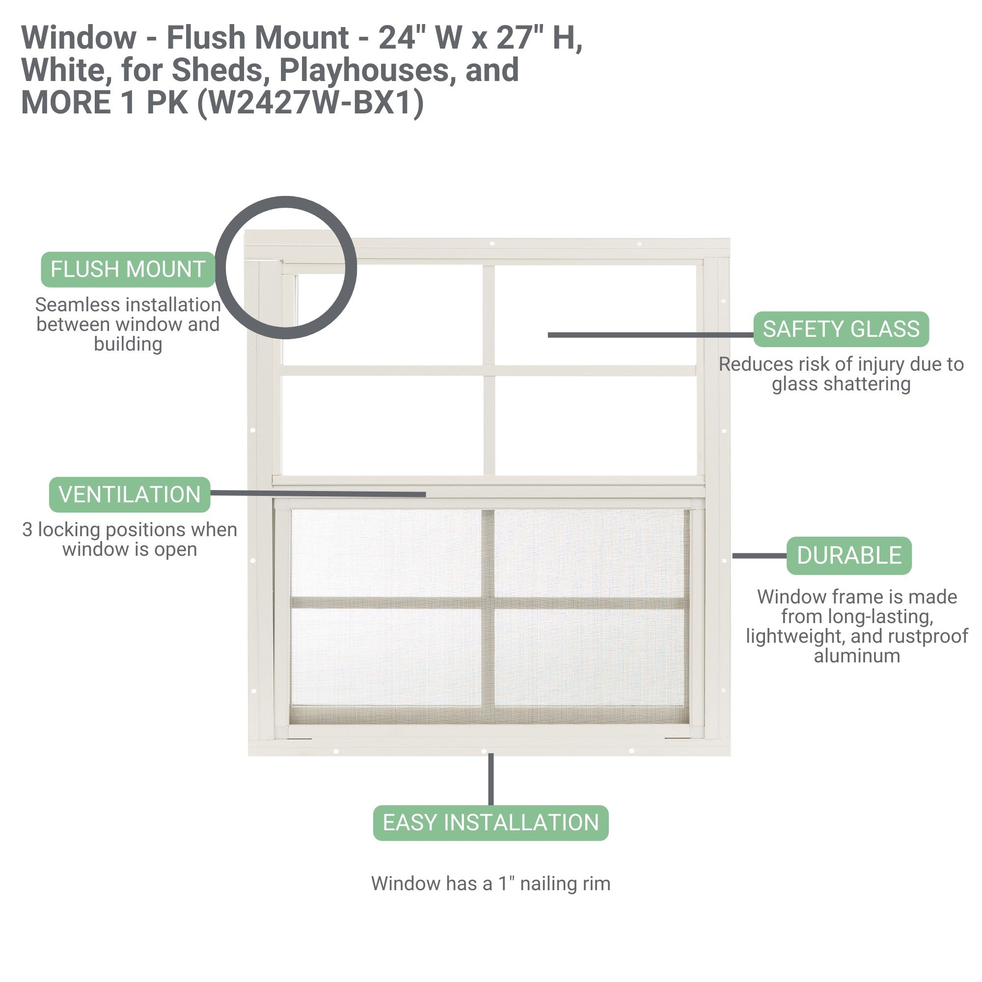 24" W x 27" H Single Hung Flush Mount Shed Window with 4 Grids for Sheds, Playhouses, and MORE