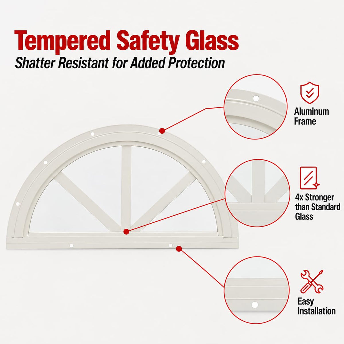 14" Half Moon Window, Fixed Flush Mount, Tempered Glass