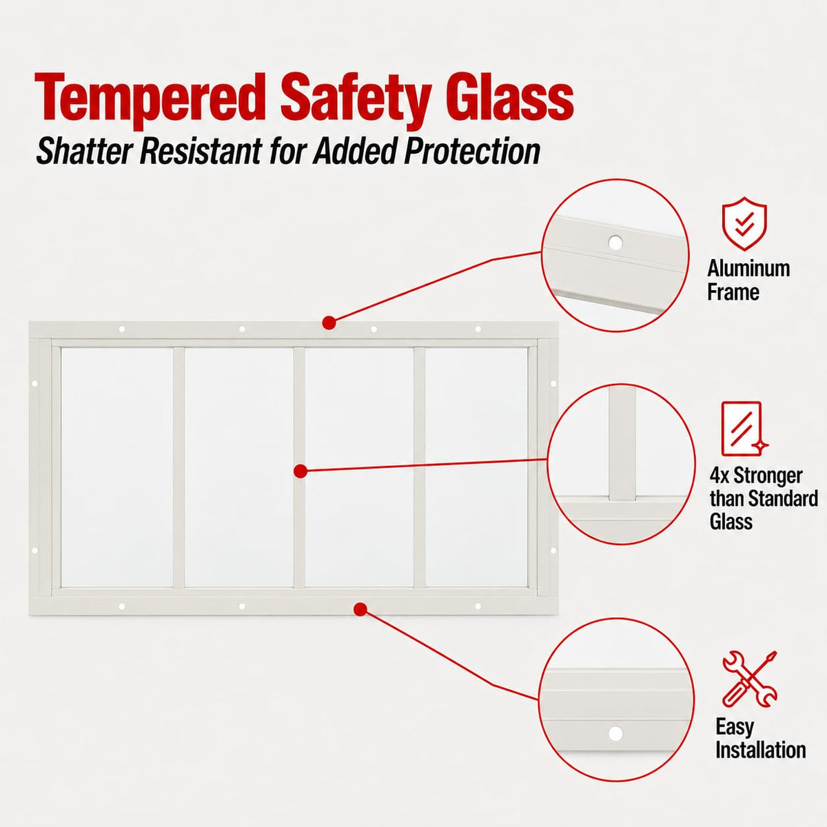 10.185" x 18" PVC Transom Window, Fixed Self-Trimmed, 4-Lite Tempered Glass