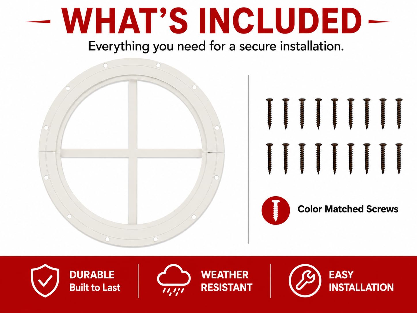 10" Round Gable Window, Fixed Flush Mount, Tempered Glass