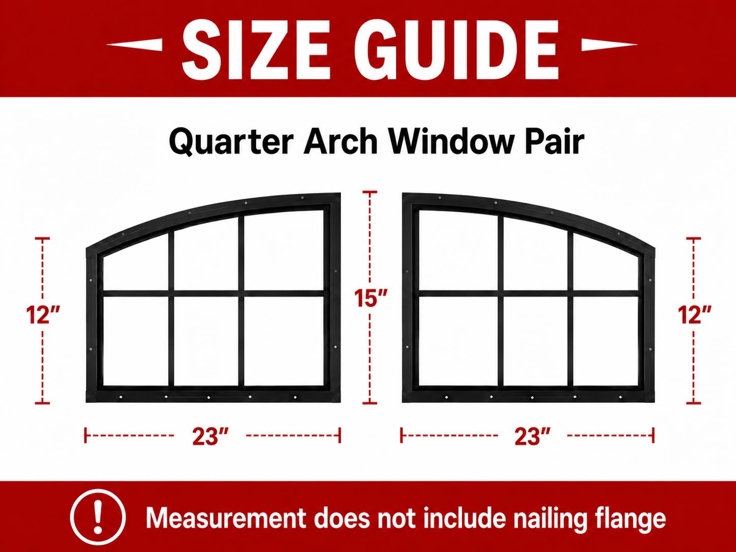 23" x 15" Quarter Arch Window Pair, Fixed, Aluminum Frame