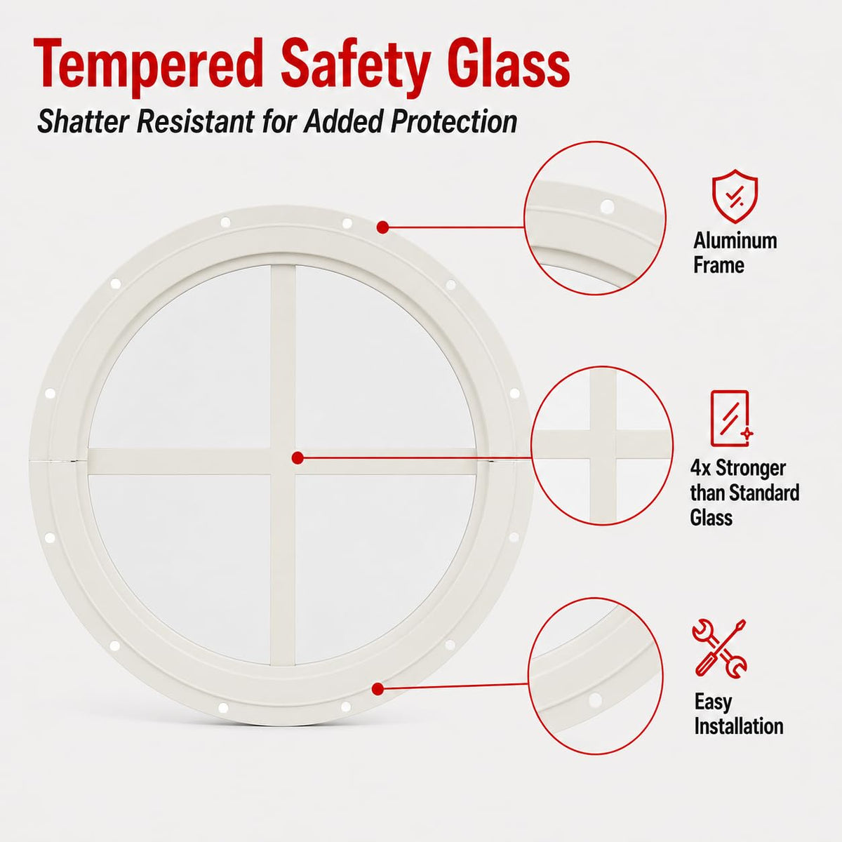 10" Round Gable Window, Fixed Flush Mount, Tempered Glass