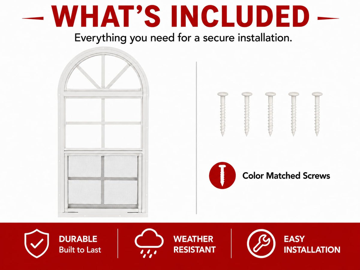 Apple Outdoor Supply 14x21 Shed Window, Arch Top Flush Mount Sliding Window with Tempered Glass & Screen, White, 1-Pack