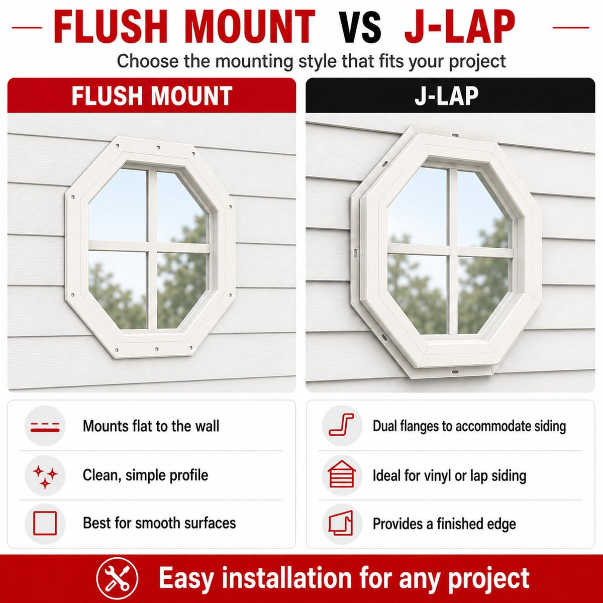 14" Octagon Gable Window, Fixed Flush Mount, Tempered Glass