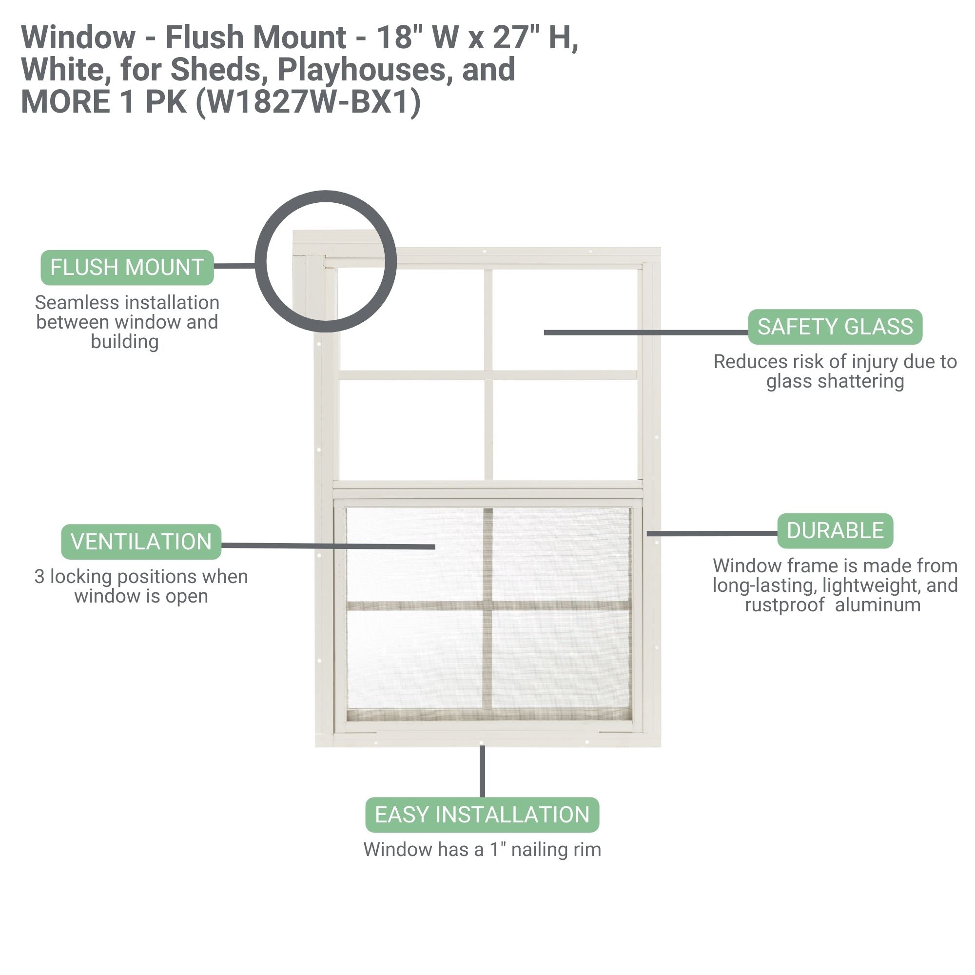 18" W x 27" H Flush Mount Shed Window,  1 PK