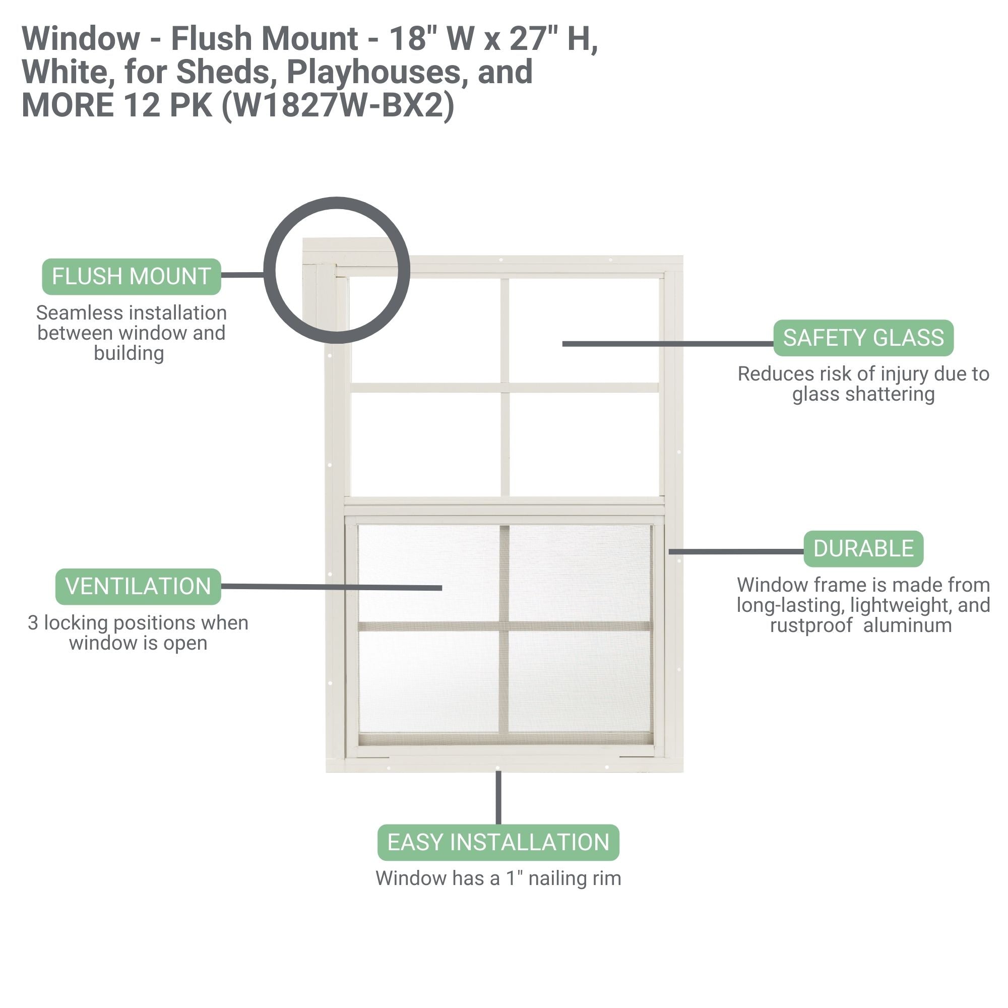 18" W x 27" H Flush Mount Shed Window, 2 PK