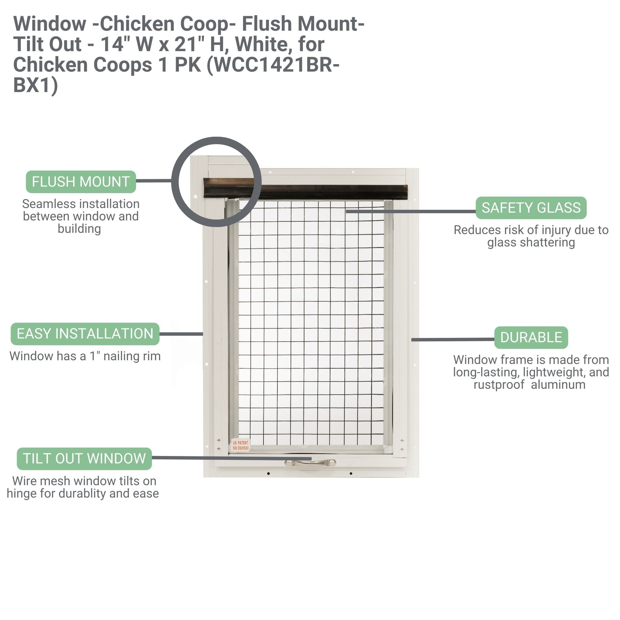 14" W x 21" H Chicken Coop Flush Mount Shed Window, Tilt Out