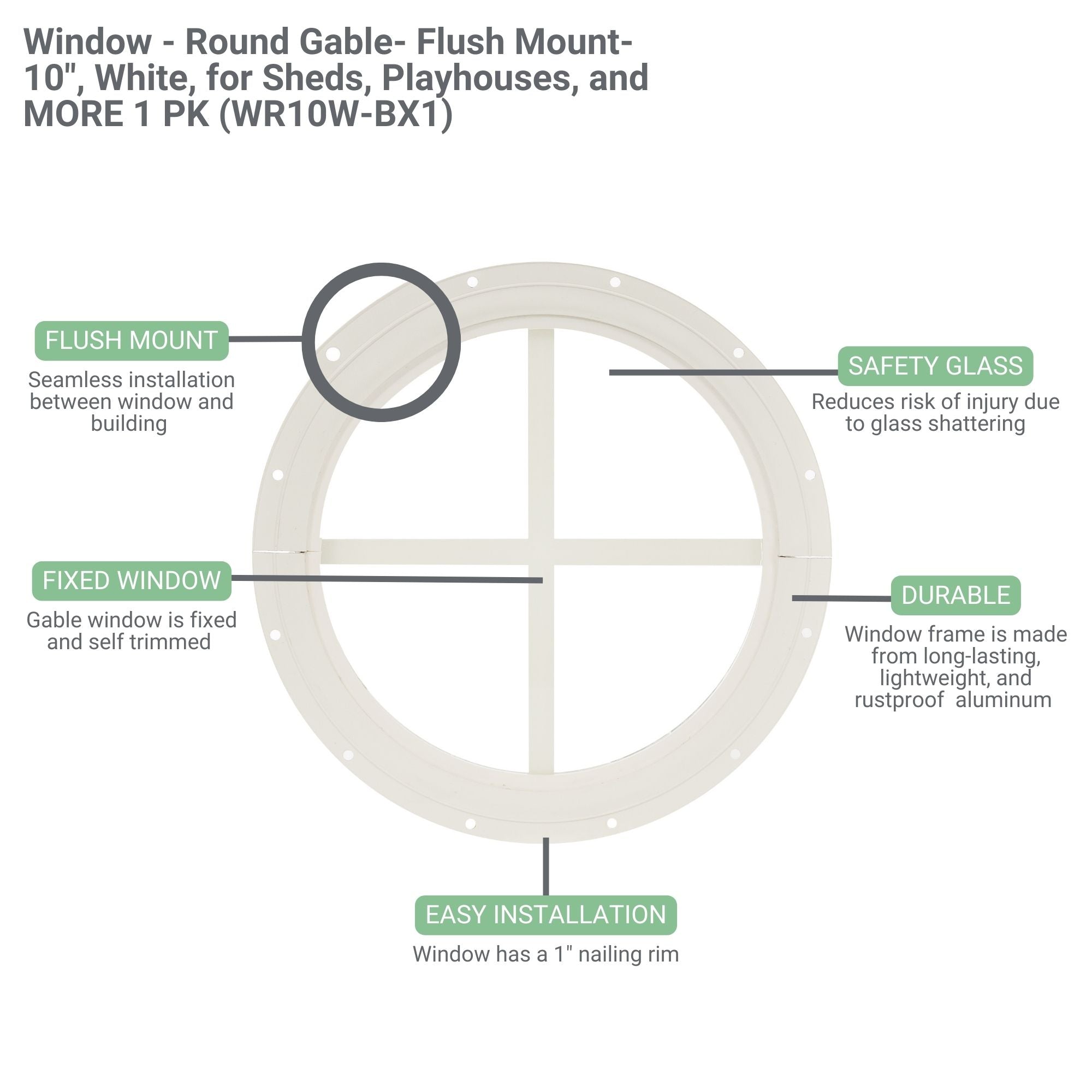 10" Round Gable Flush Mount Shed Window