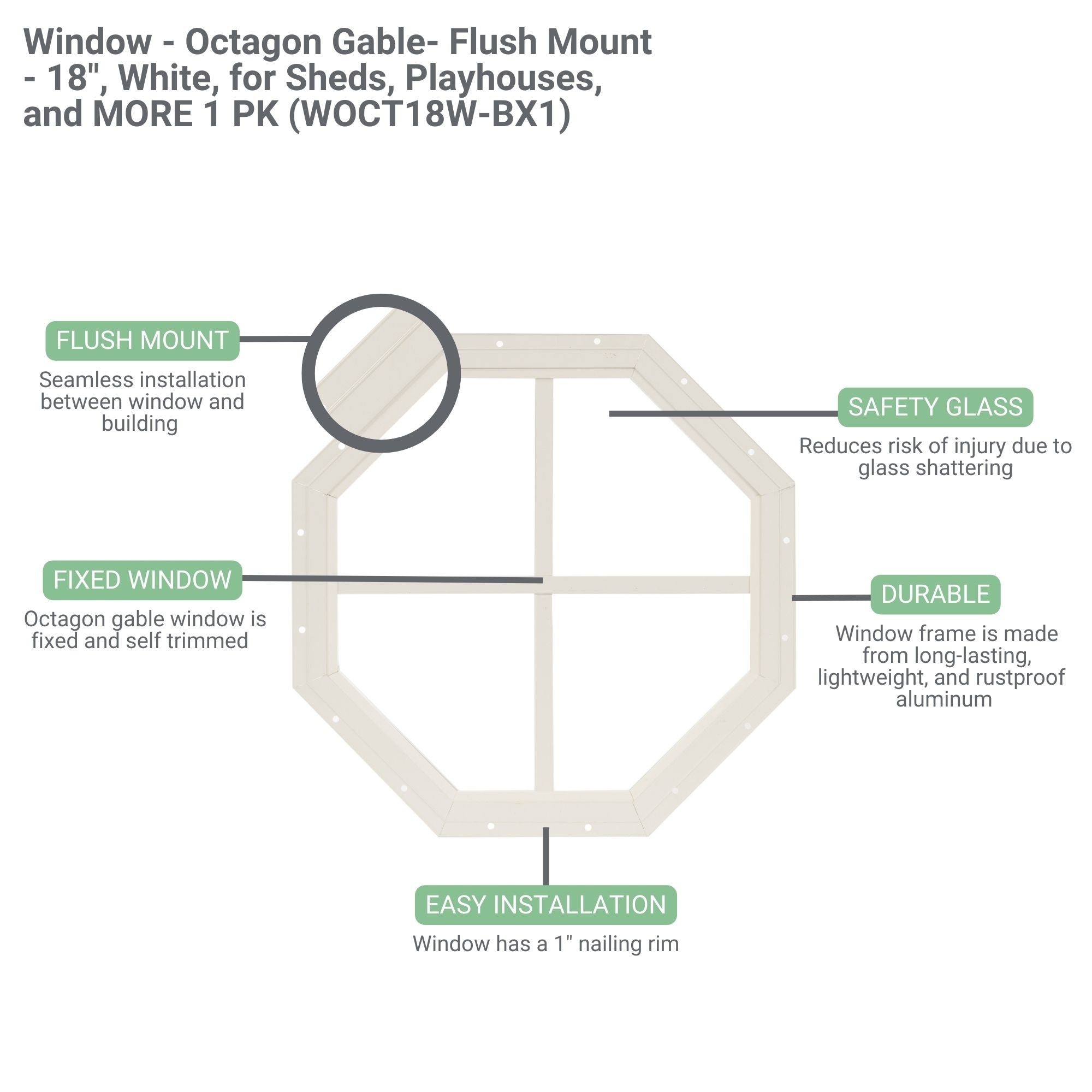 18" Octagon Gable Flush Mount Shed Window
