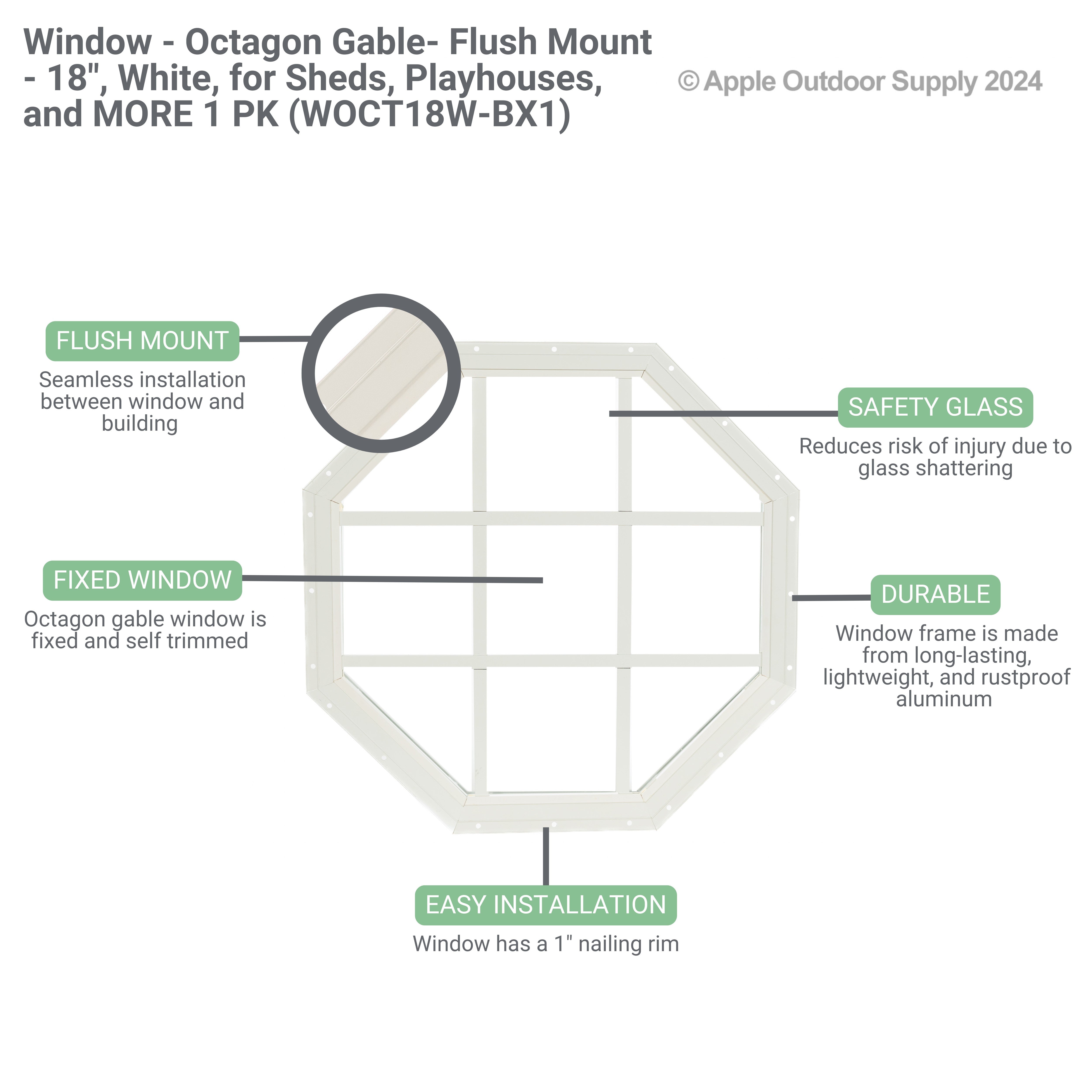 18" Octagon Gable Flush Mount White Window for Sheds, Playhouses, and MORE
