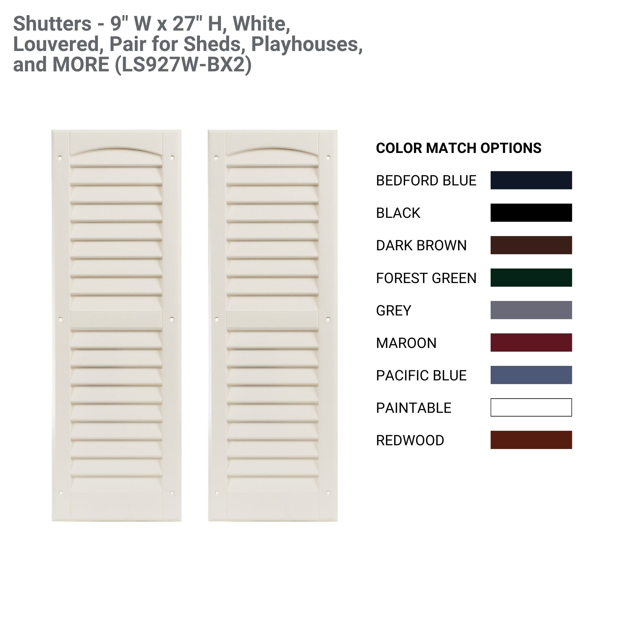 9" W x 27" H Louvered Shutters - 1 Pair