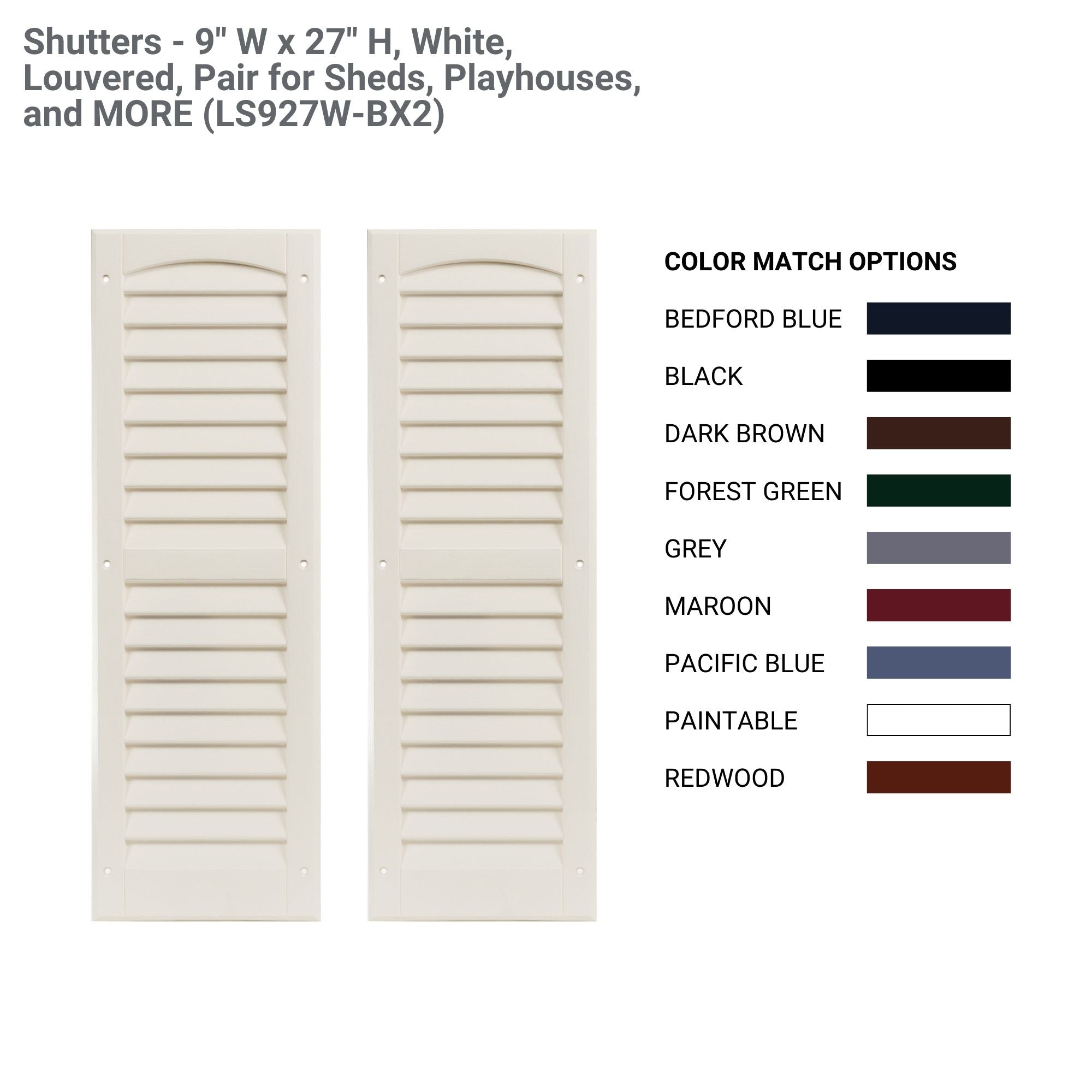 Shutters - 9" W x 27" H Louvered Shutters, 1 Pair