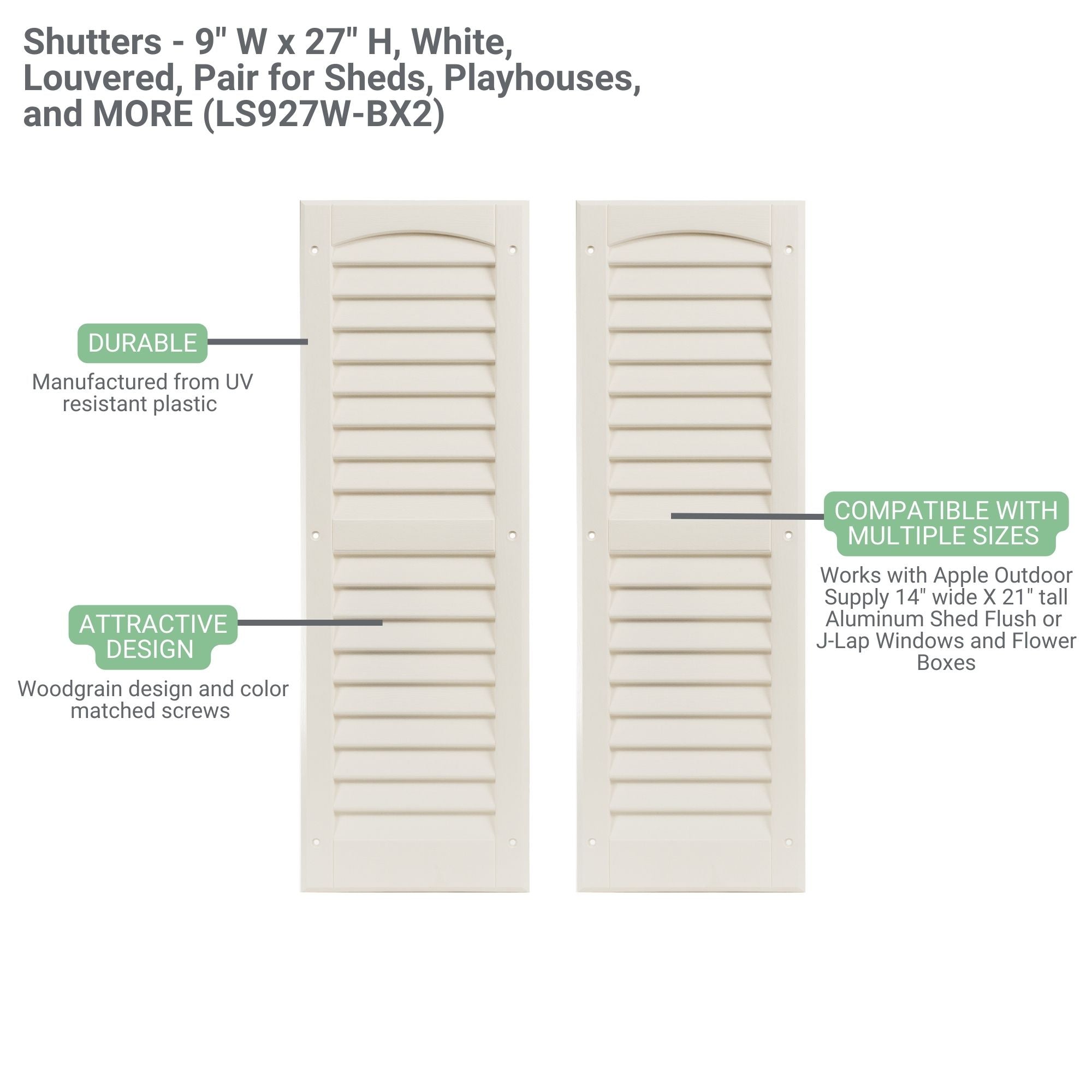 Shutters - 9" W x 27" H Louvered Shutters, Paintable 1 Pair