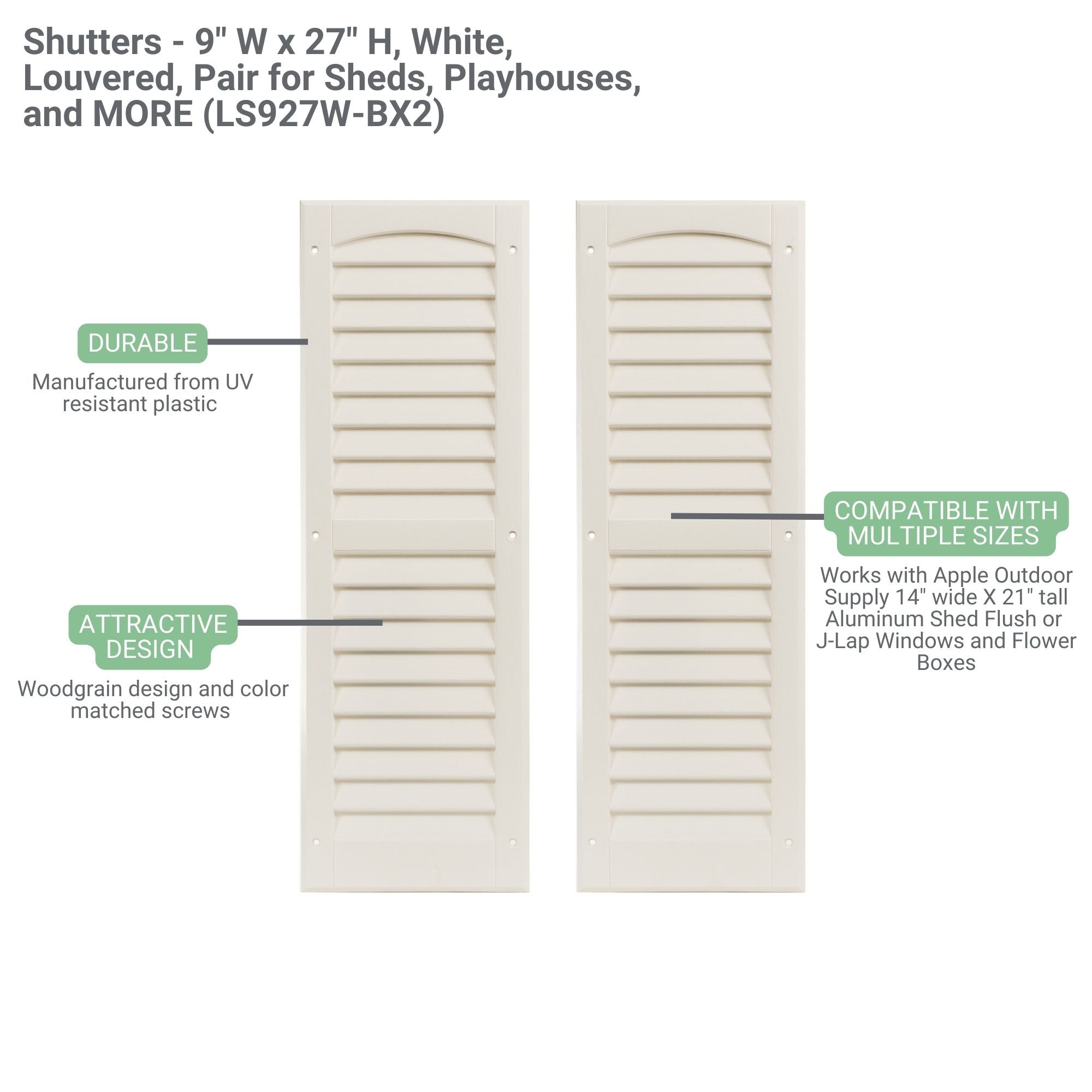 9" W x 27" H Louvered Shutters - Paintable - 1 Pair