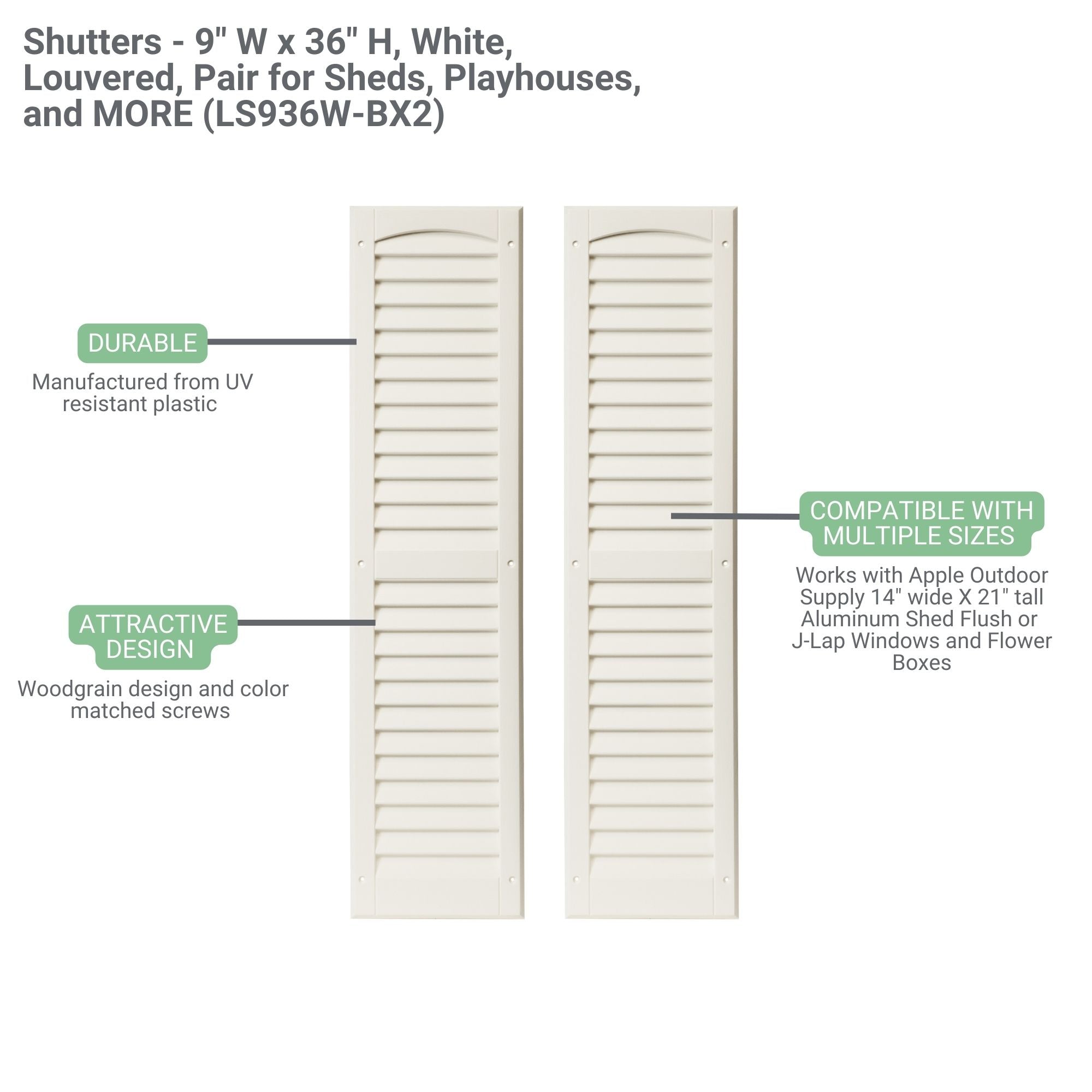 9" W x 36" H Raised Panel Shutters - 1 Pair