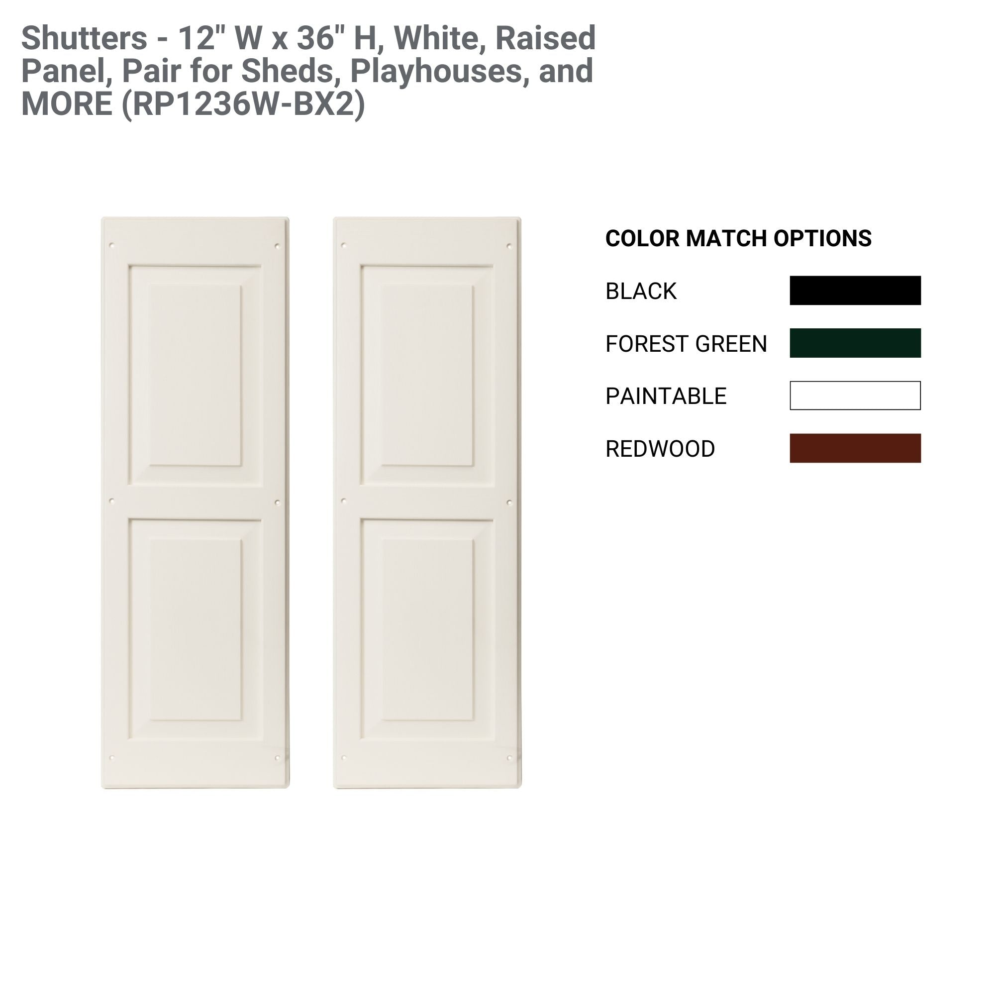 12" W x 36" H Raised Panel Shutters - 1 Pair