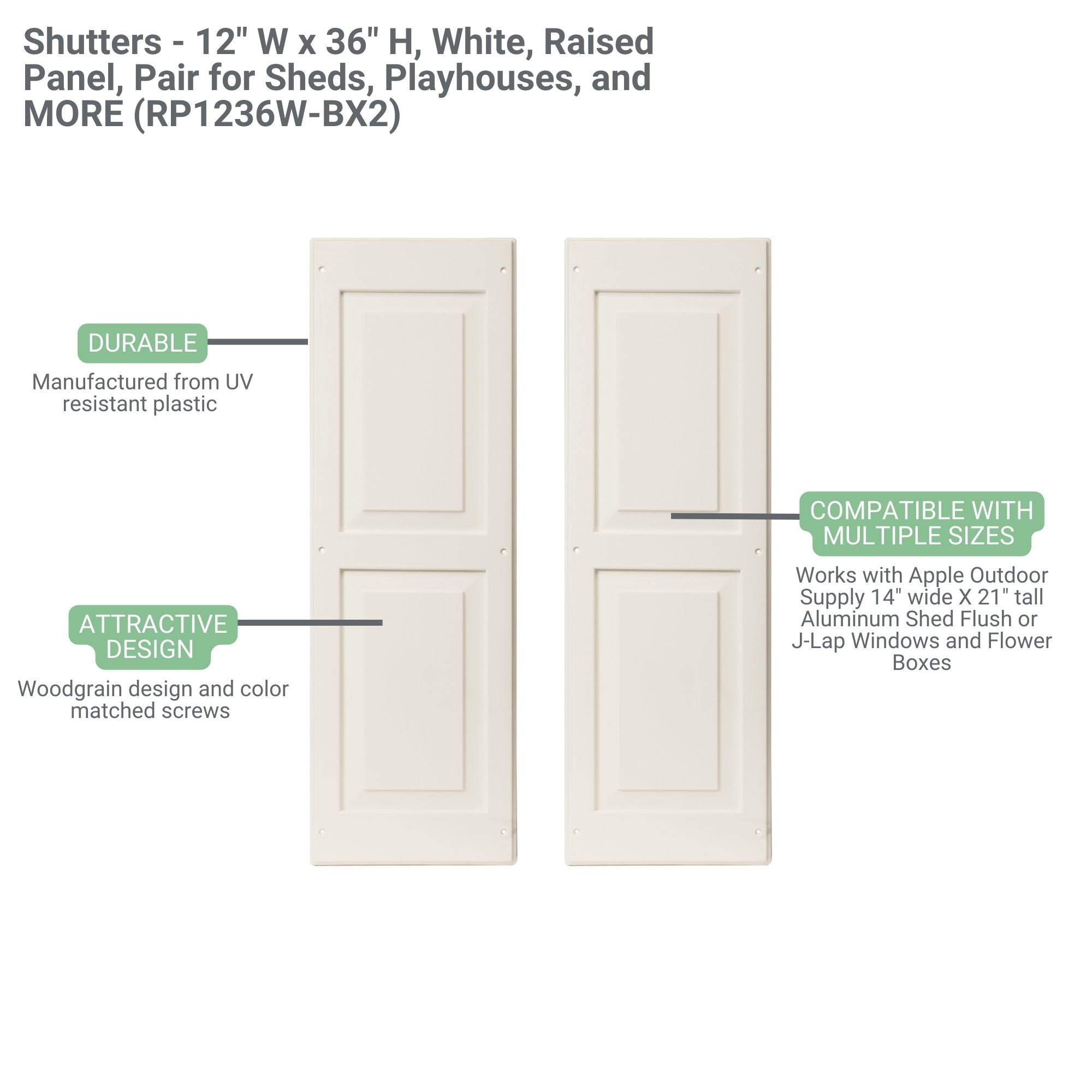 Shutters - 12" W x 36" H Raised Panel Shutters, 1 Pair