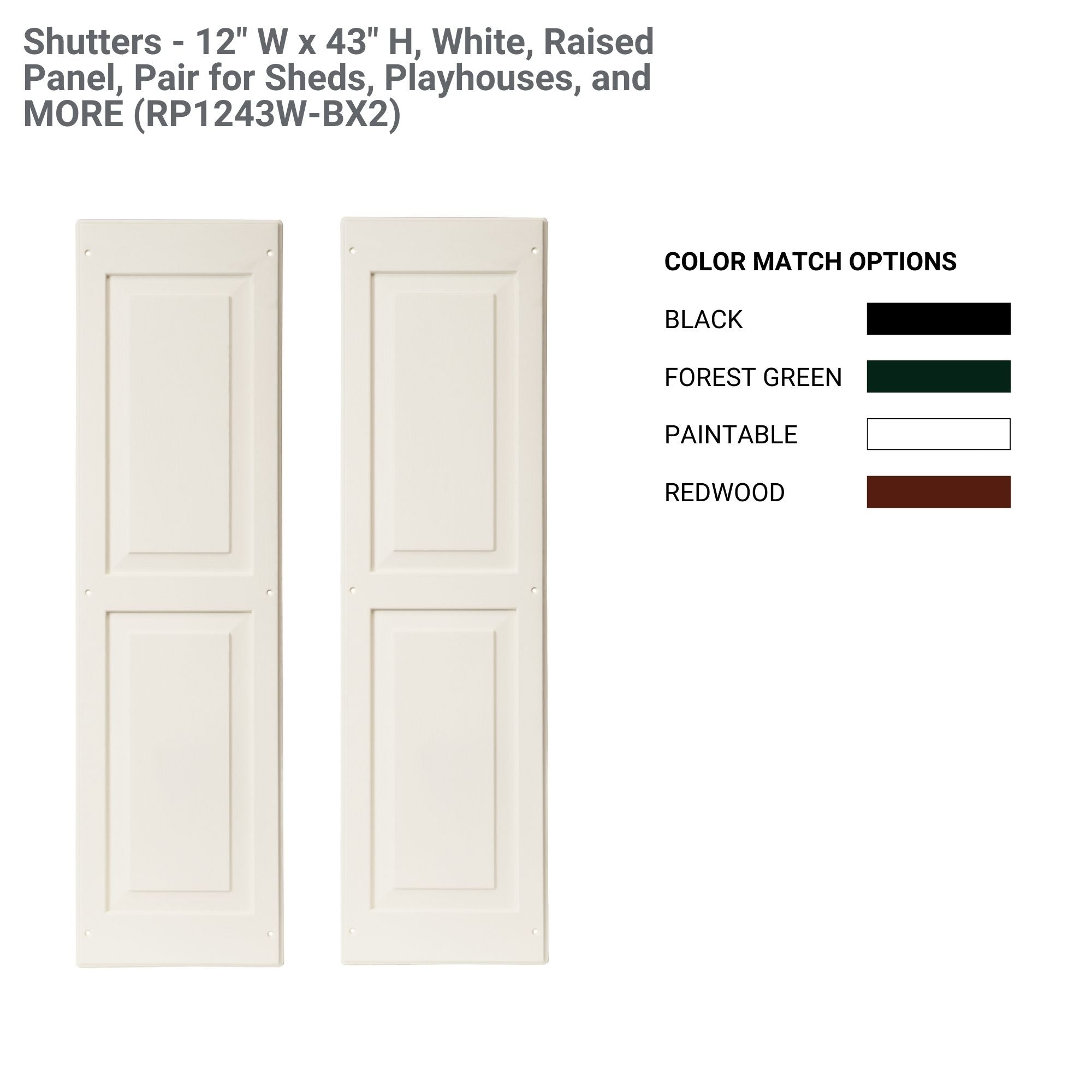 12" W x 43" H Raised Panel Shutters - 1 Pair