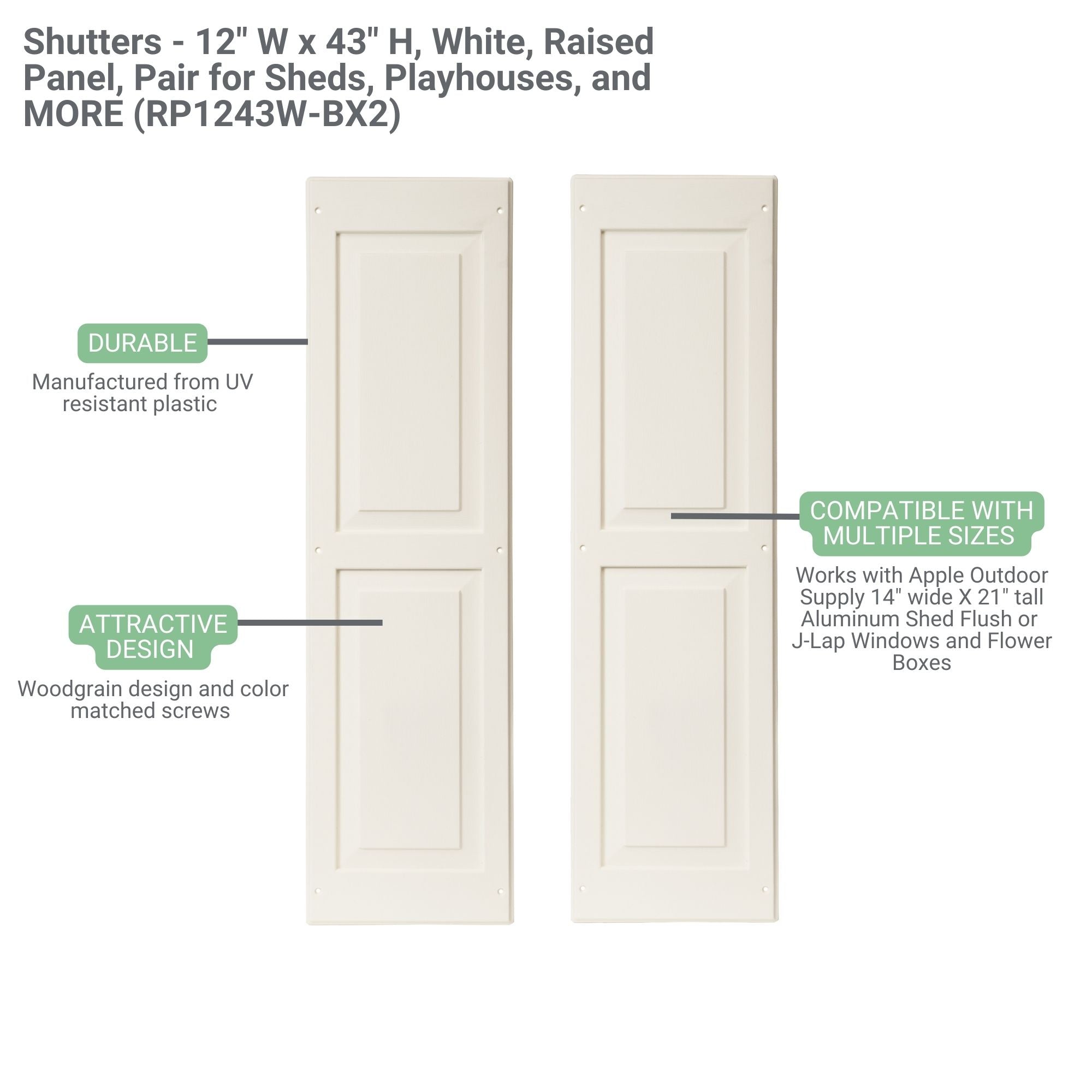 Shutters - 12" W x 43" H Raised Panel Shutters, 1 Pair