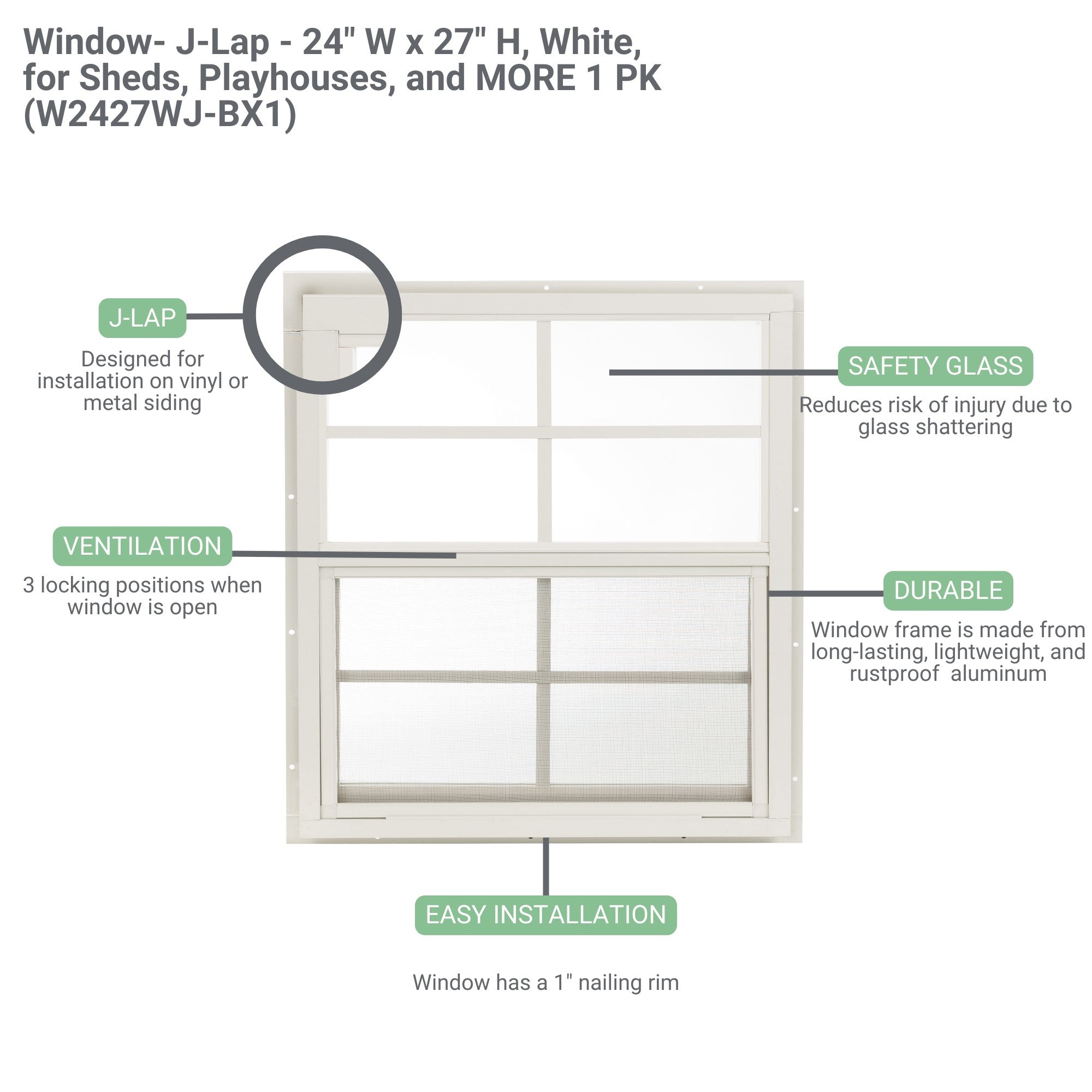 24" x 27" J-Lap Sliding Shed Window | Tempered Glass, Screened, Rustproof Frame