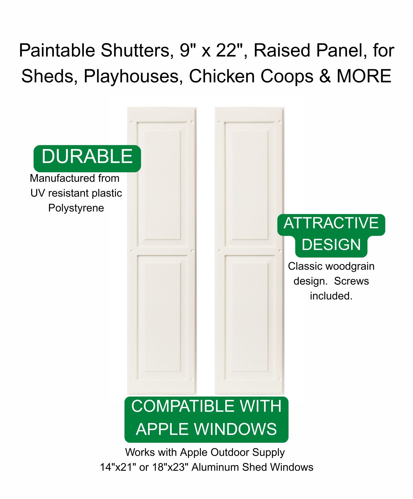 Shutters - 9" W x 22" H Raised Panel Shutters, Paintable 1 Pair