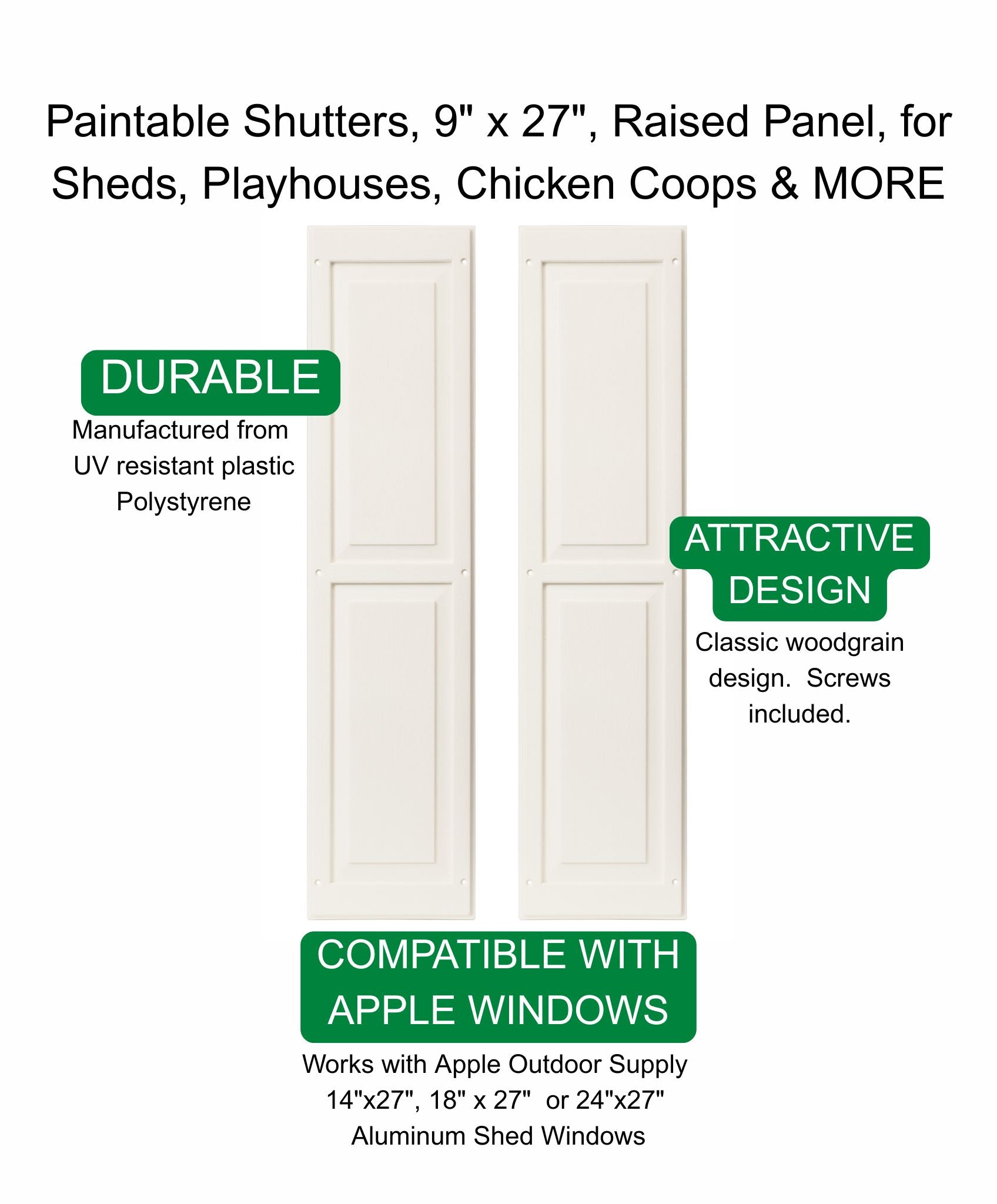 Shutters - 9" W x 27" H Raised Panel Shutters, Paintable 1 Pair