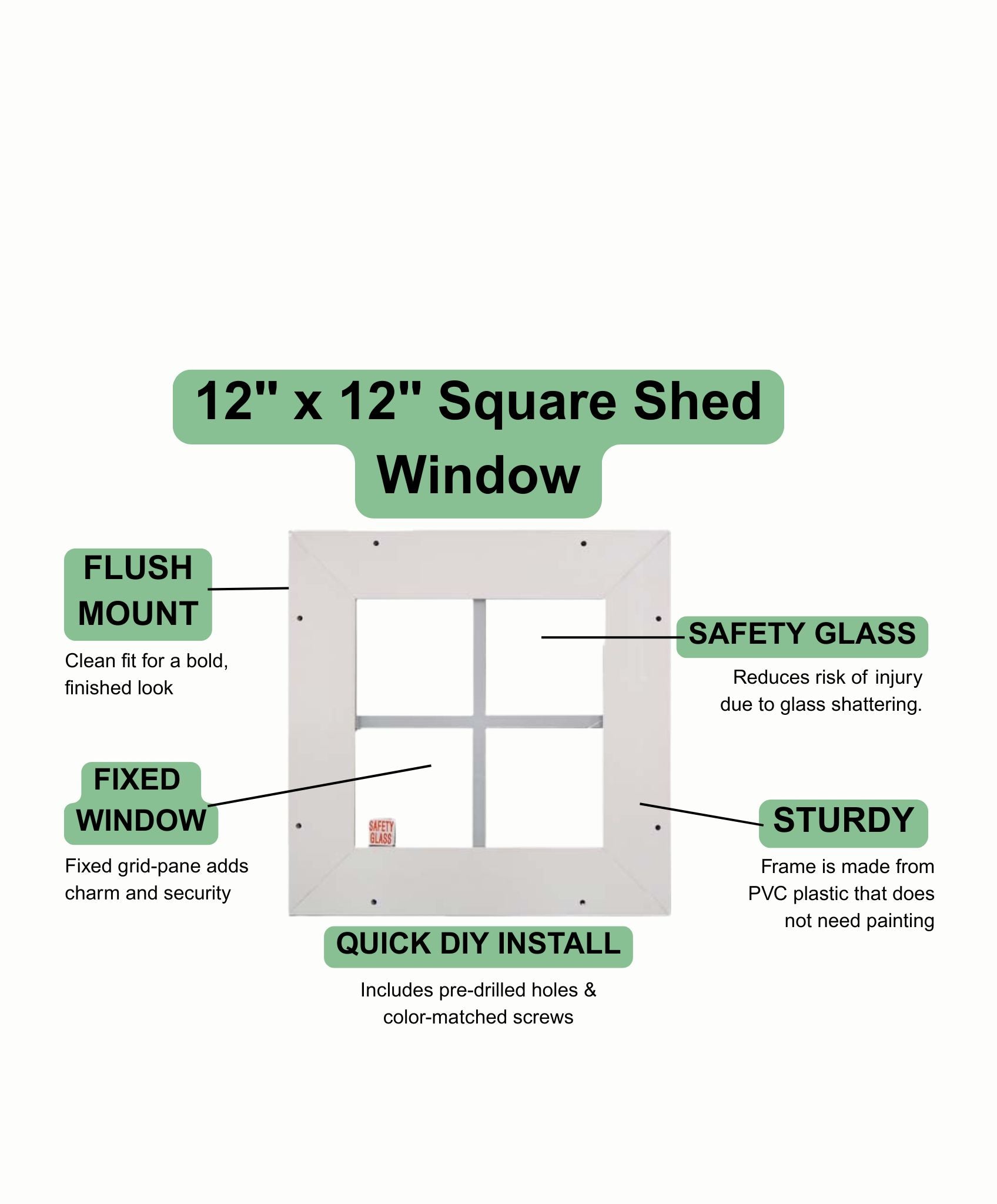 12" SQUARE Shed Window, PVC-Plastic