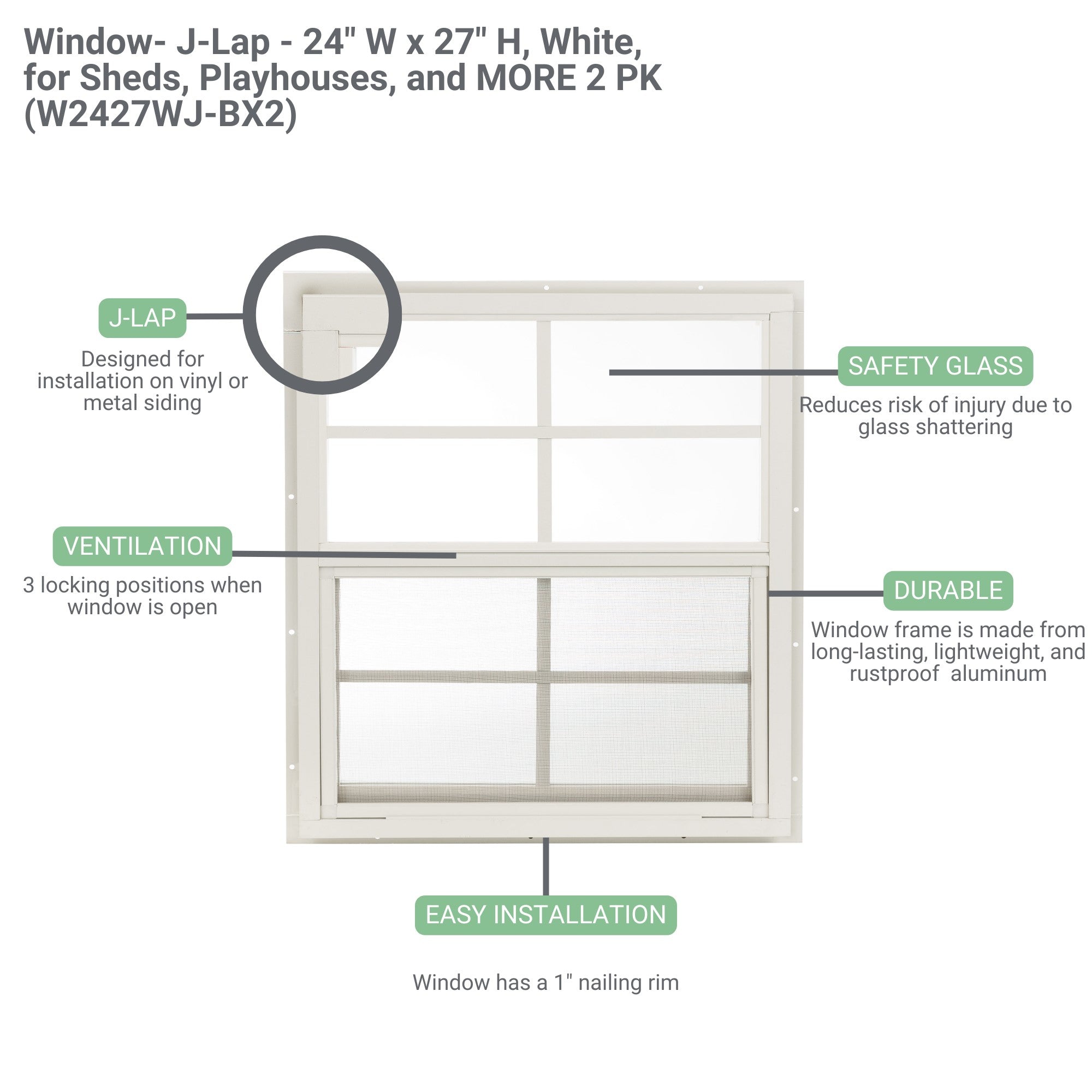 24" W x 27" H Single Hung Flush Mount Shed Window  with 4 Grids for Sheds, Playhouses, and MORE