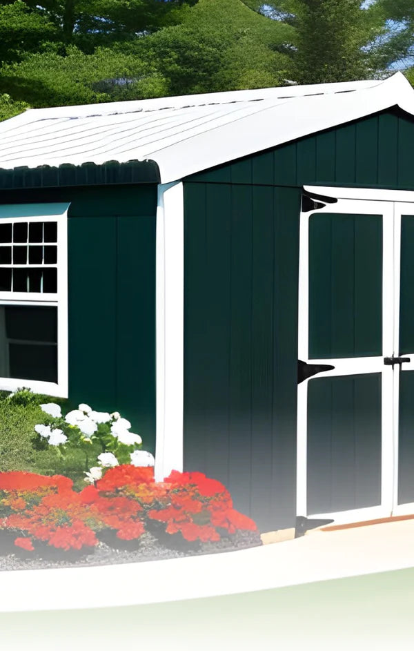 green shed in backyard with red and white flowers