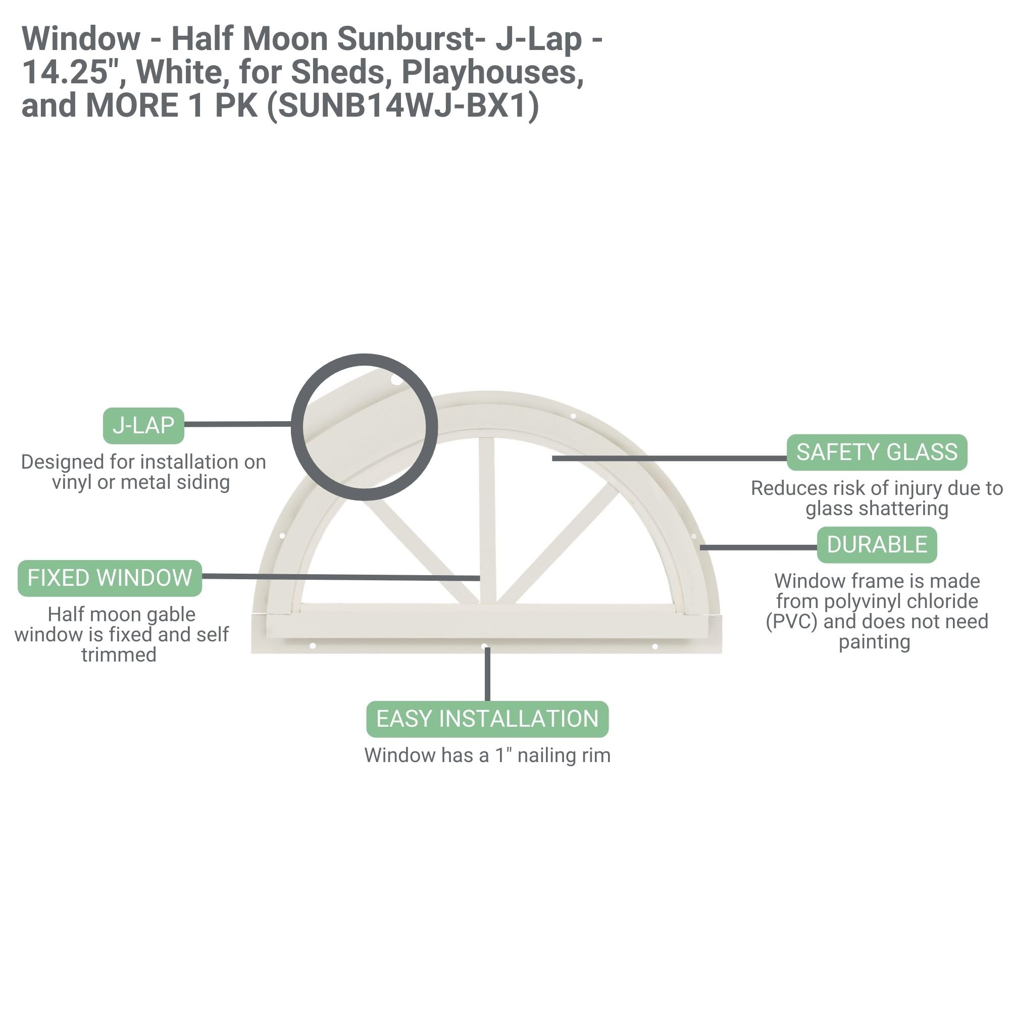 Shed Window 14.25" Half Moon Sunburst- J-Lap, Tempered Glass, for Sheds, Playhouses, and Chicken Coops 1 PK (SUNB14WJ-BX1)