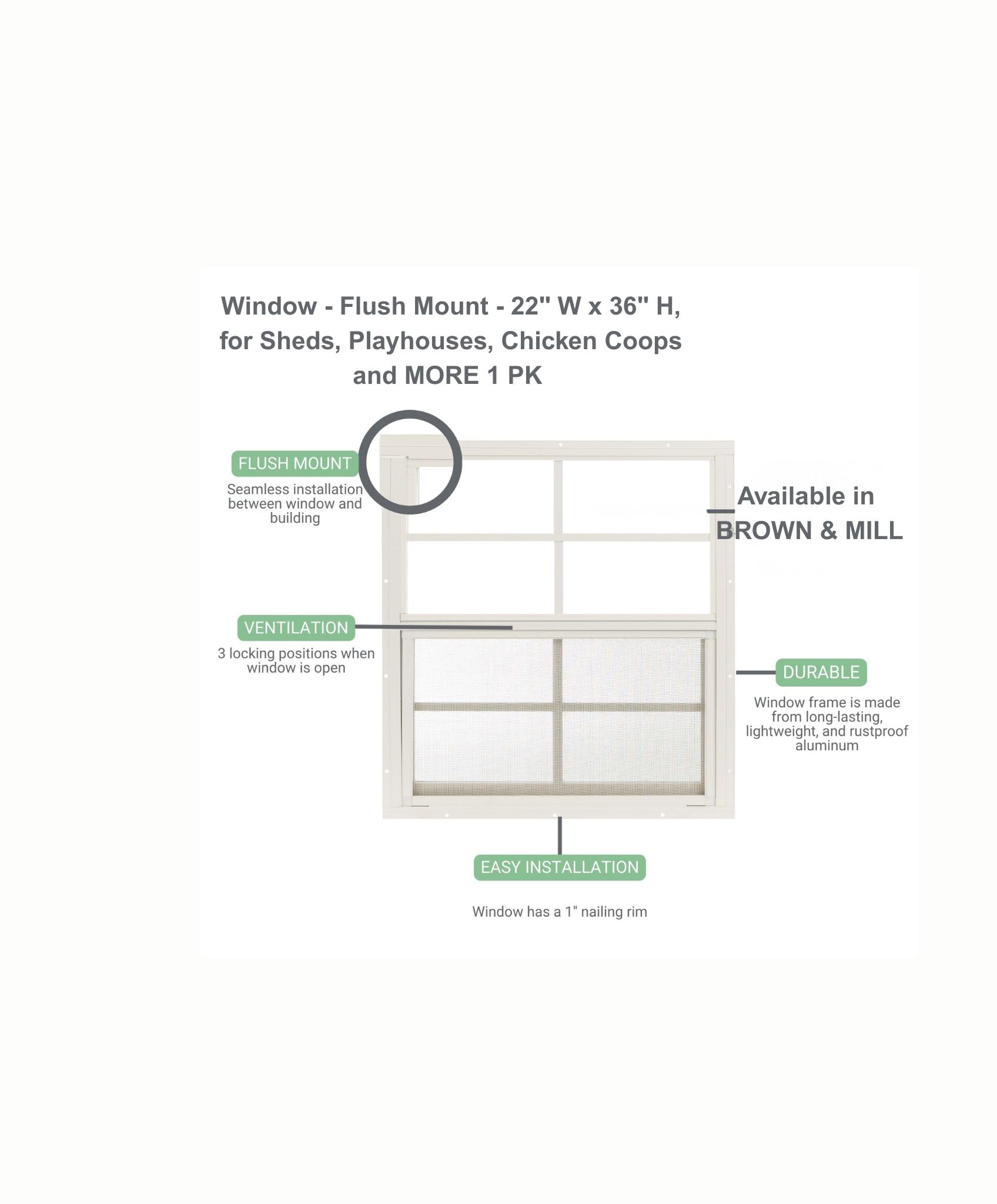 Sliding Shed Window with Screen | Flush Mount 22" x 36" Aluminum Frame for Outdoor Buildings