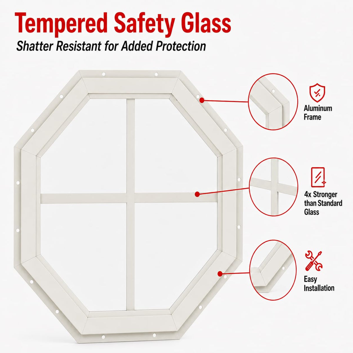 18" PVC Octagon Gable Window, Fixed Flush Mount, Tempered Glass
