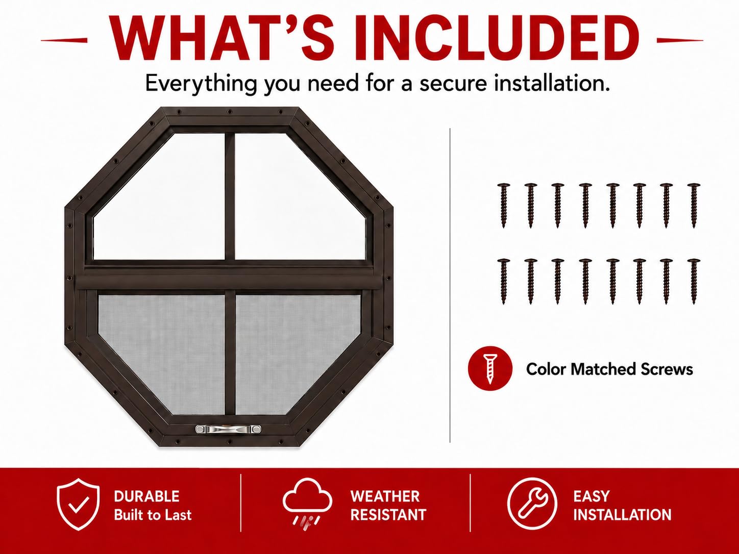 Shed Window Tilt-Out Octagon (1-PK) | Aluminum Frame w/ Screen for Sheds, Chicken Coops, Tree Forts & Playhouses