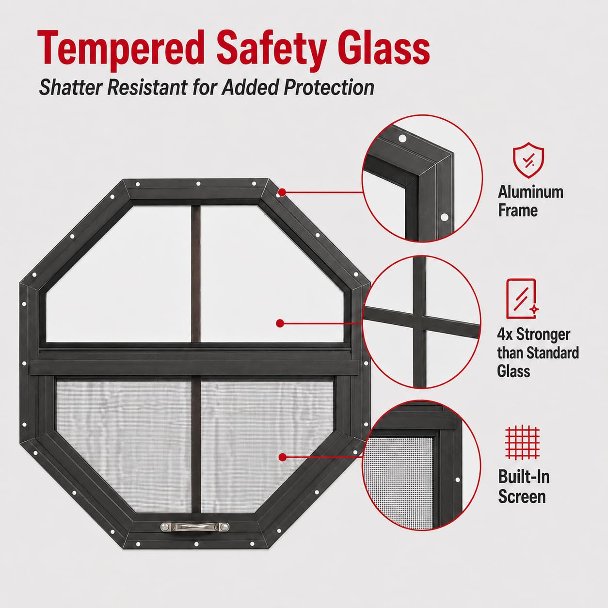 Shed Window Tilt-Out Octagon (1-PK) | Aluminum Frame w/ Screen for Sheds, Chicken Coops, Tree Forts & Playhouses