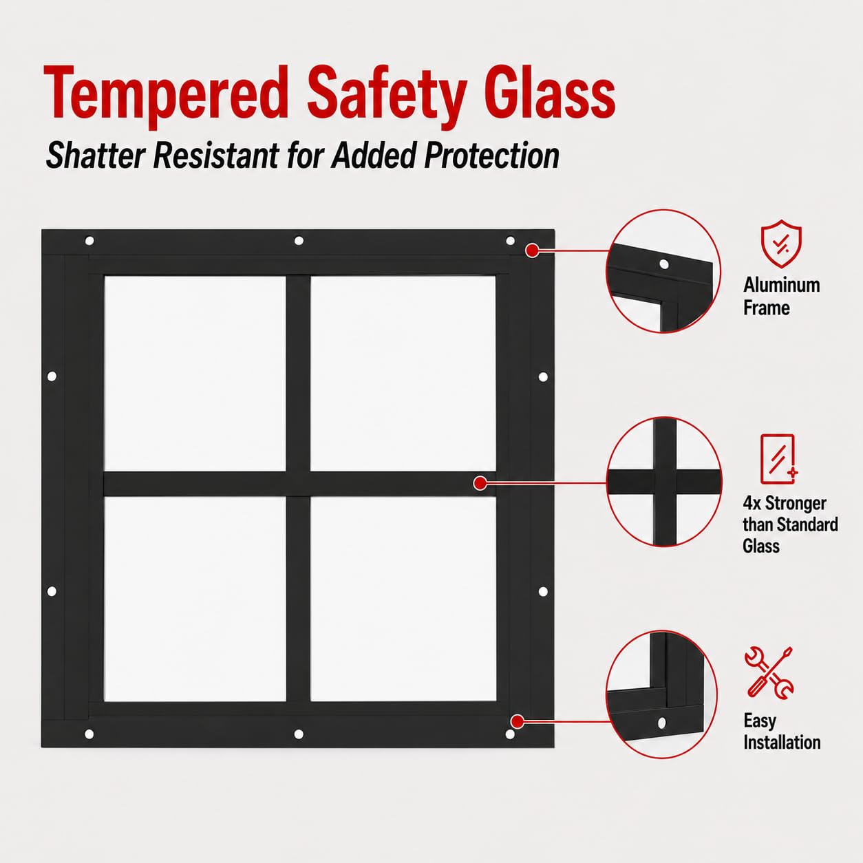 12" x 12" Square Gable Window, Fixed Flush Mount, Tempered Glass