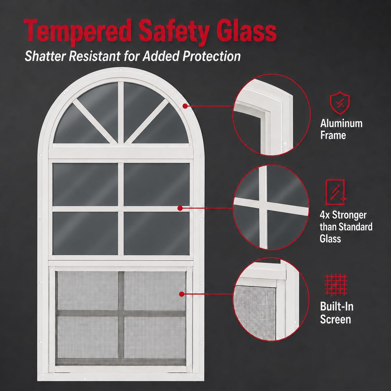 Apple Outdoor Supply 14x21 Shed Windows, Arch Top Flush Mount Sliding Windows with Tempered Glass & Screens, White, 2-Pack