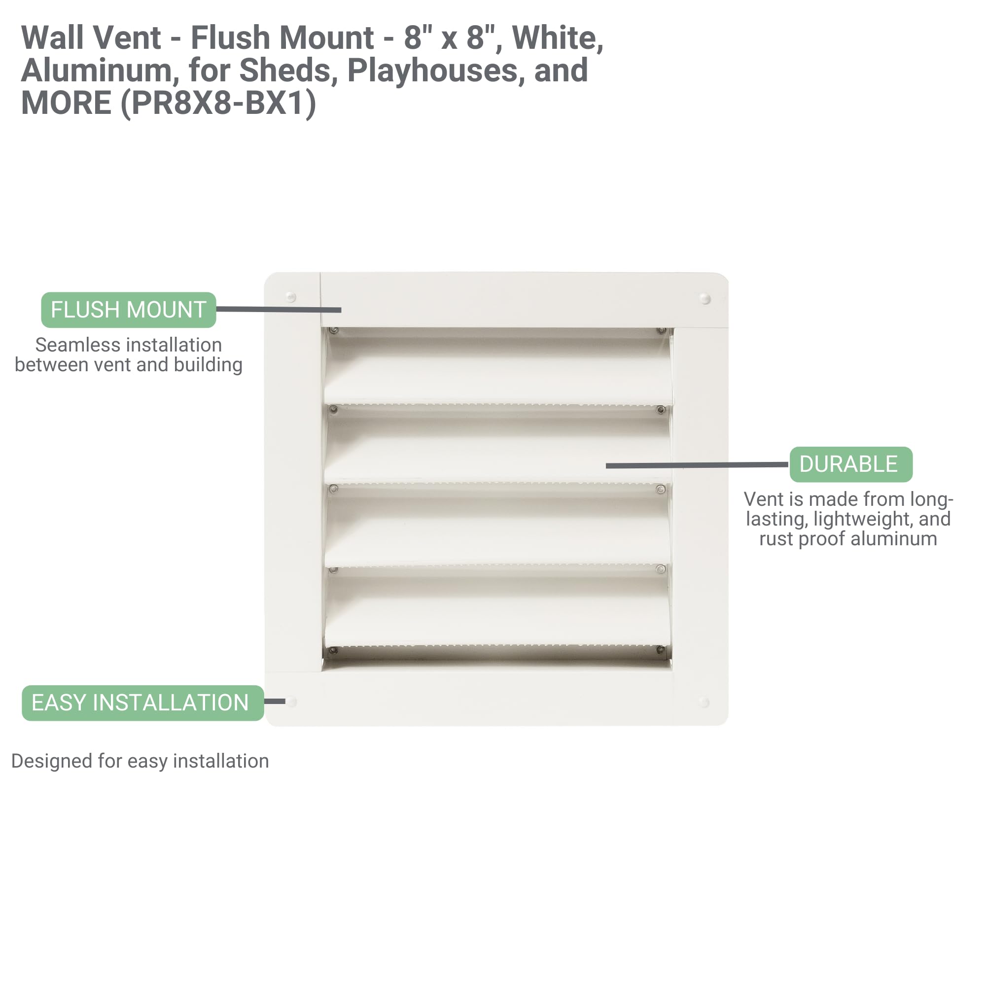 Wall Vent 8" x 8" Flush Mount Aluminum for Sheds, Playhouses, and Chicken Coops 1 PK