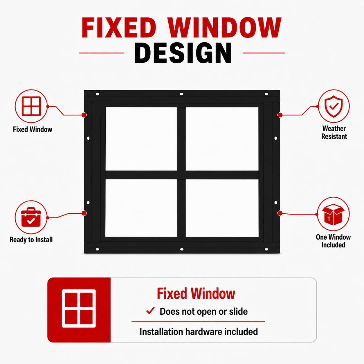 12" x 12" Square Gable Window, Fixed Flush Mount, Tempered Glass