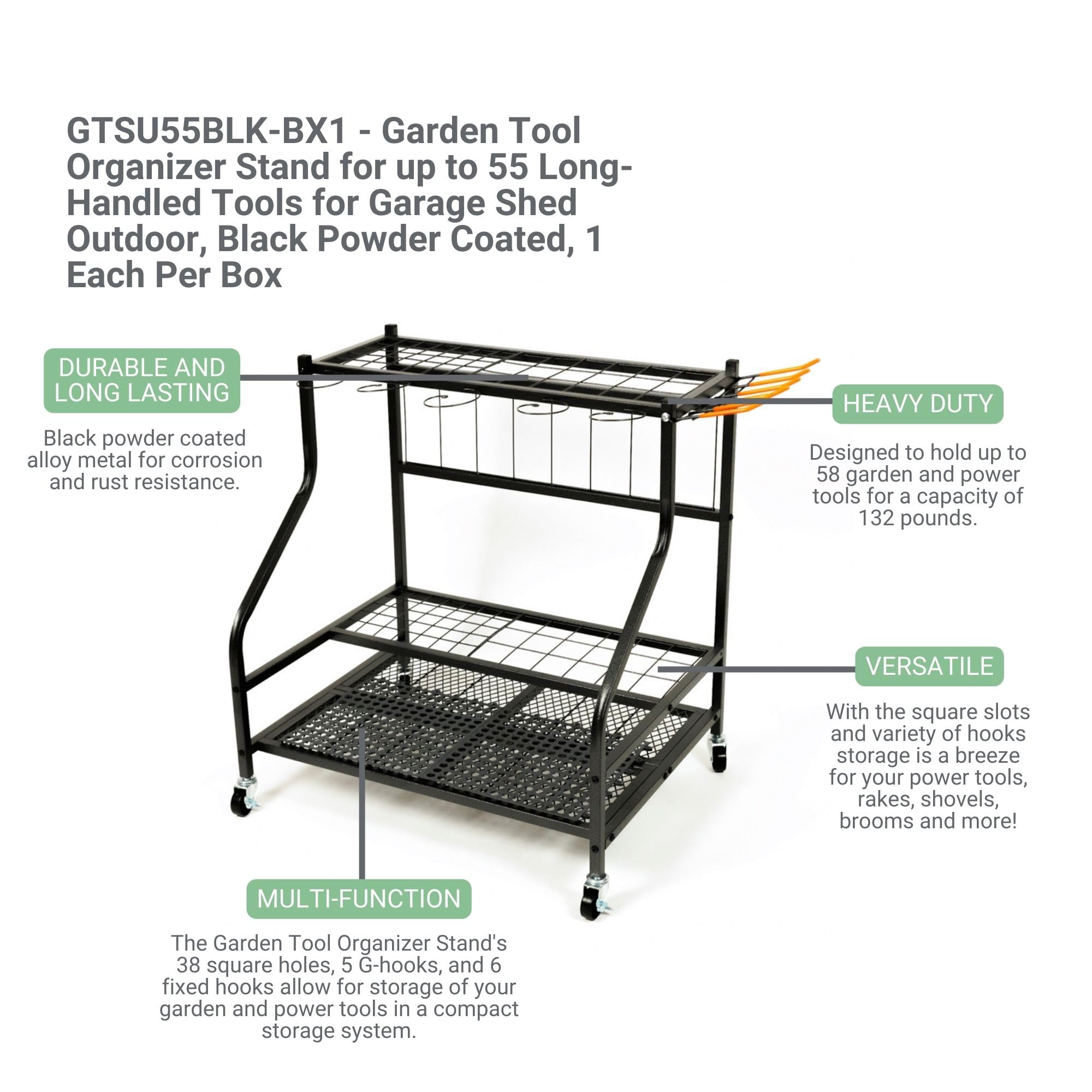 Garden Tool Organizer Stand for up to 55 Long-Handled Tools, Black Powder Coated  for Sheds, Garages, and Utility Rooms (GTSU55BLK-BX1)
