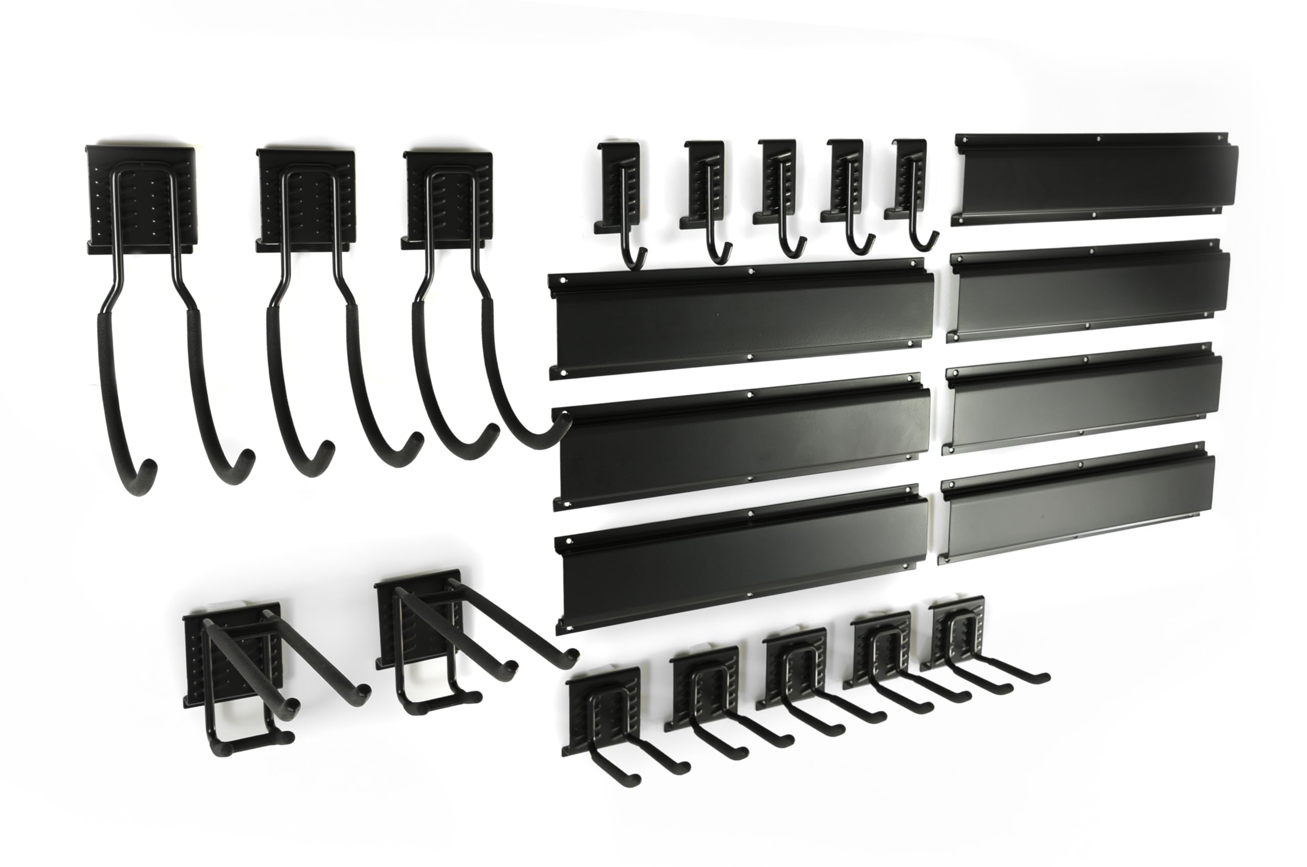 Garden Tool Organization Wall Mounted Storage System, Adjustable, Black Heavy Duty for for Sheds, Garages, and Utility Rooms, 22 PCs: 7 Rails+ 15 Hooks; 1 Set per Box (GTWSS22BLK-BX1)