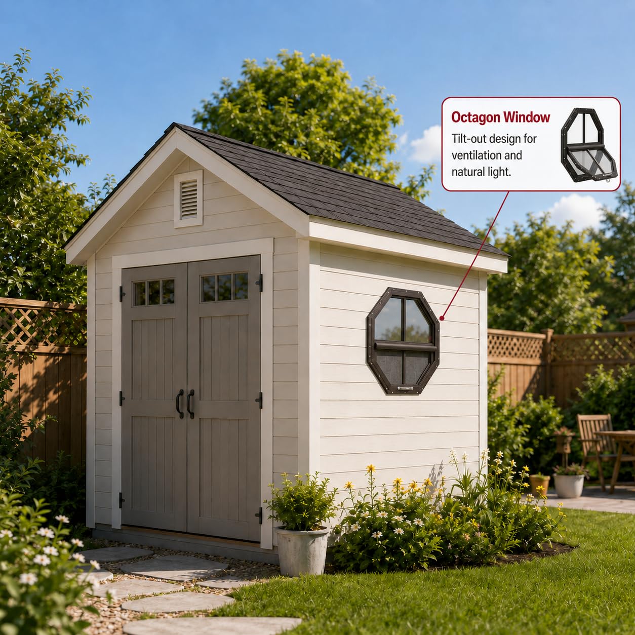 Shed Window Tilt-Out Octagon (1-PK) | Aluminum Frame w/ Screen for Sheds, Chicken Coops, Tree Forts & Playhouses
