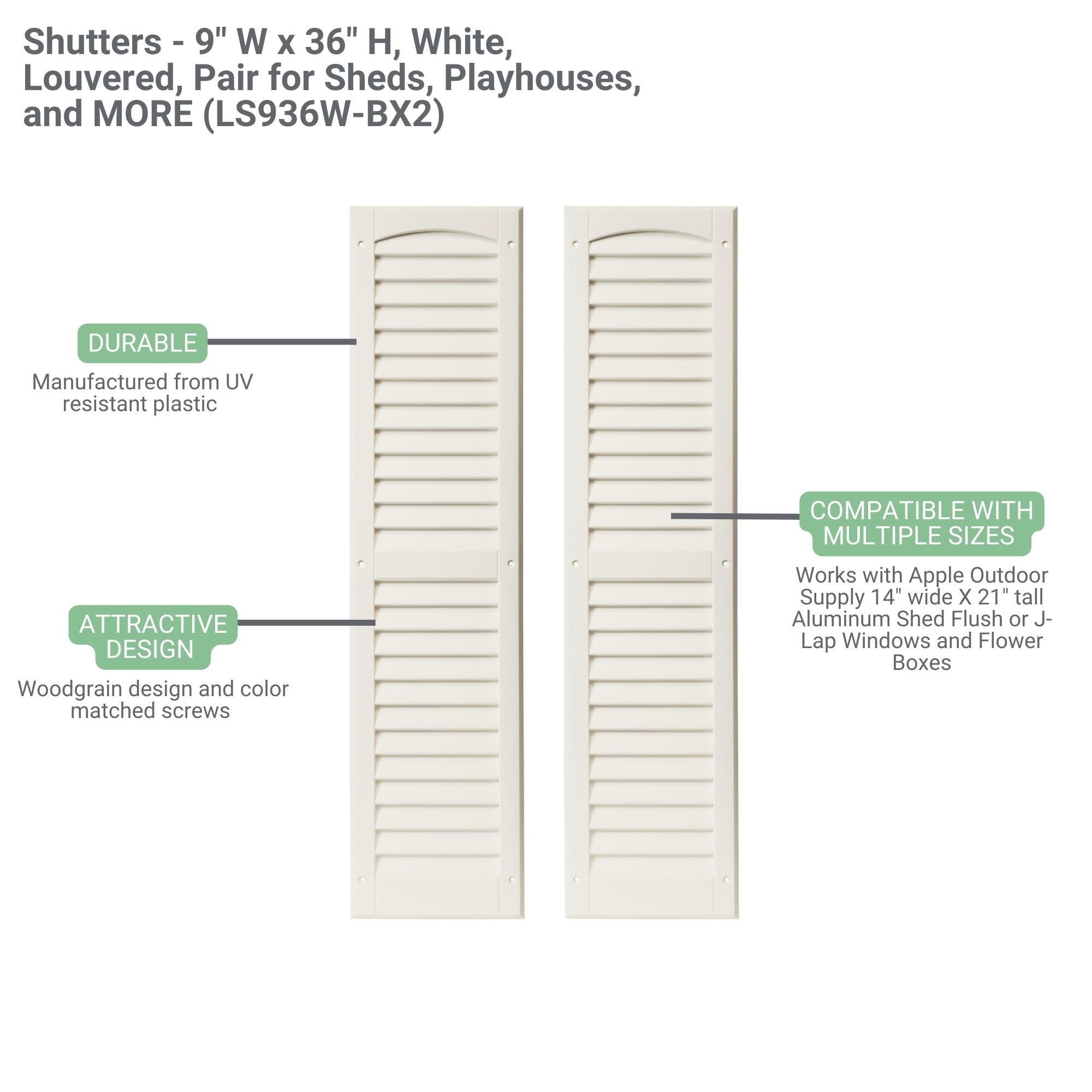9" x 36" Louvered Shed Shutters, 1 Pair