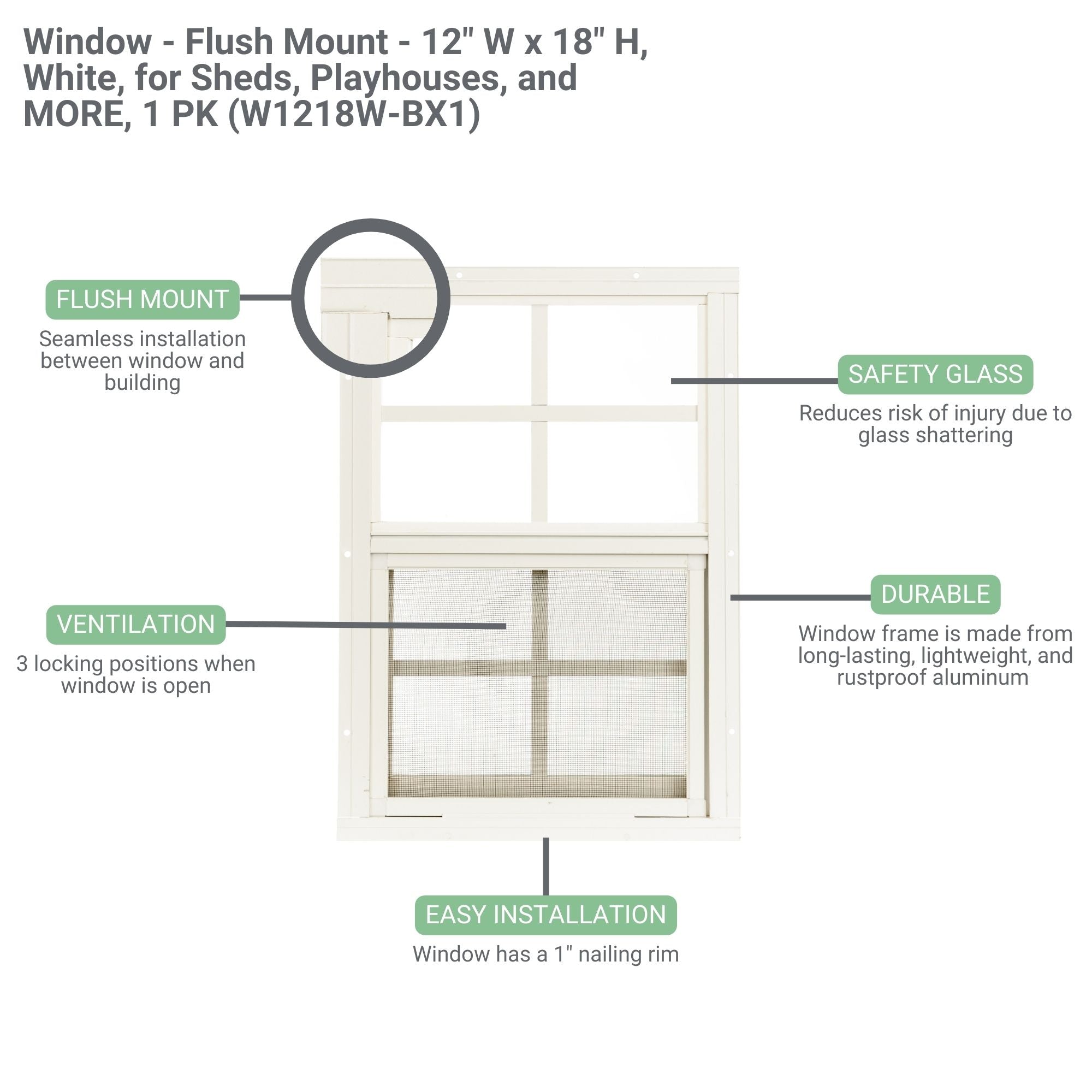 12" W x 18" H Flush Mount Shed Window, 2 PK