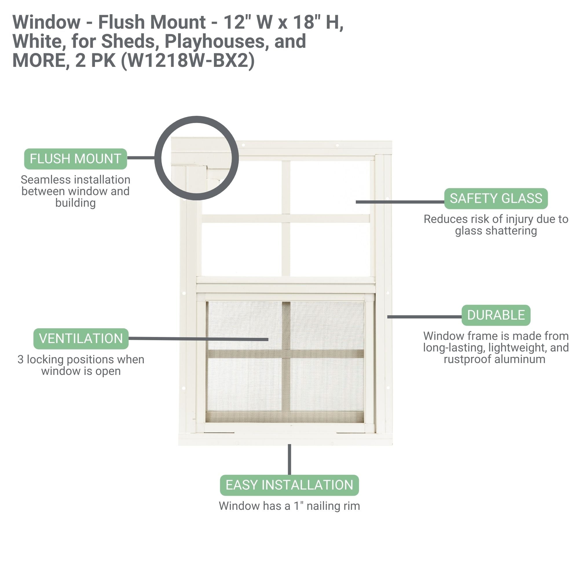 12" W x 18" H Flush Mount Shed Window, 1 PK