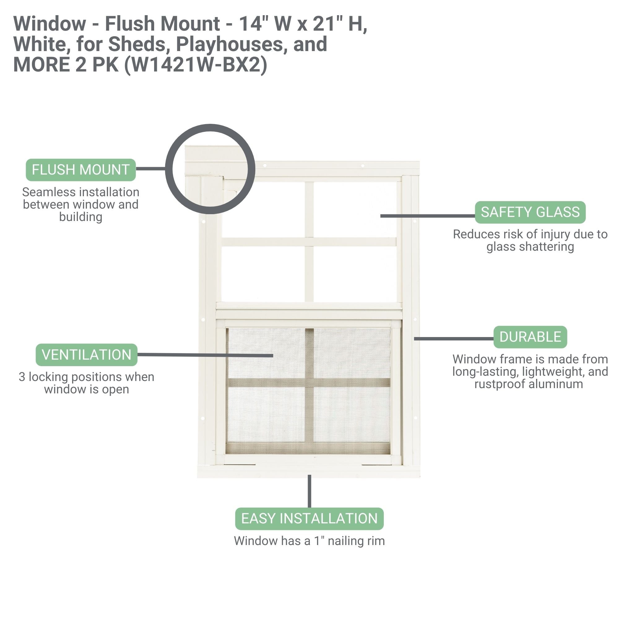 14" W x 21" H Flush Mount Shed Window, 2 PK