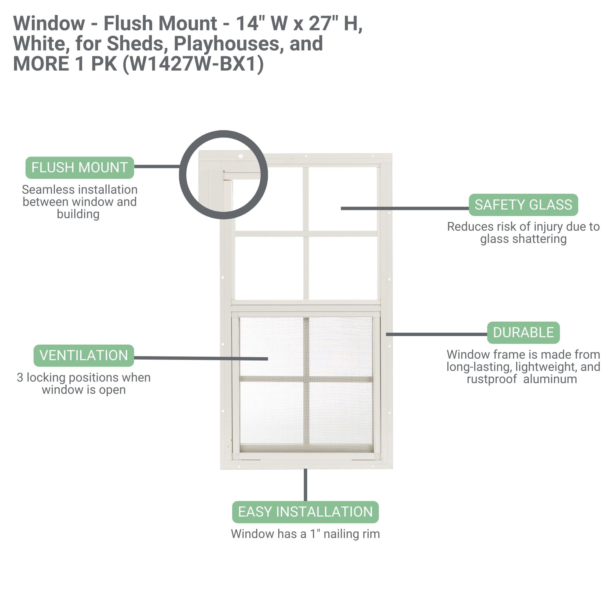14" W x 27" H Flush Mount Shed Window,  1 PK