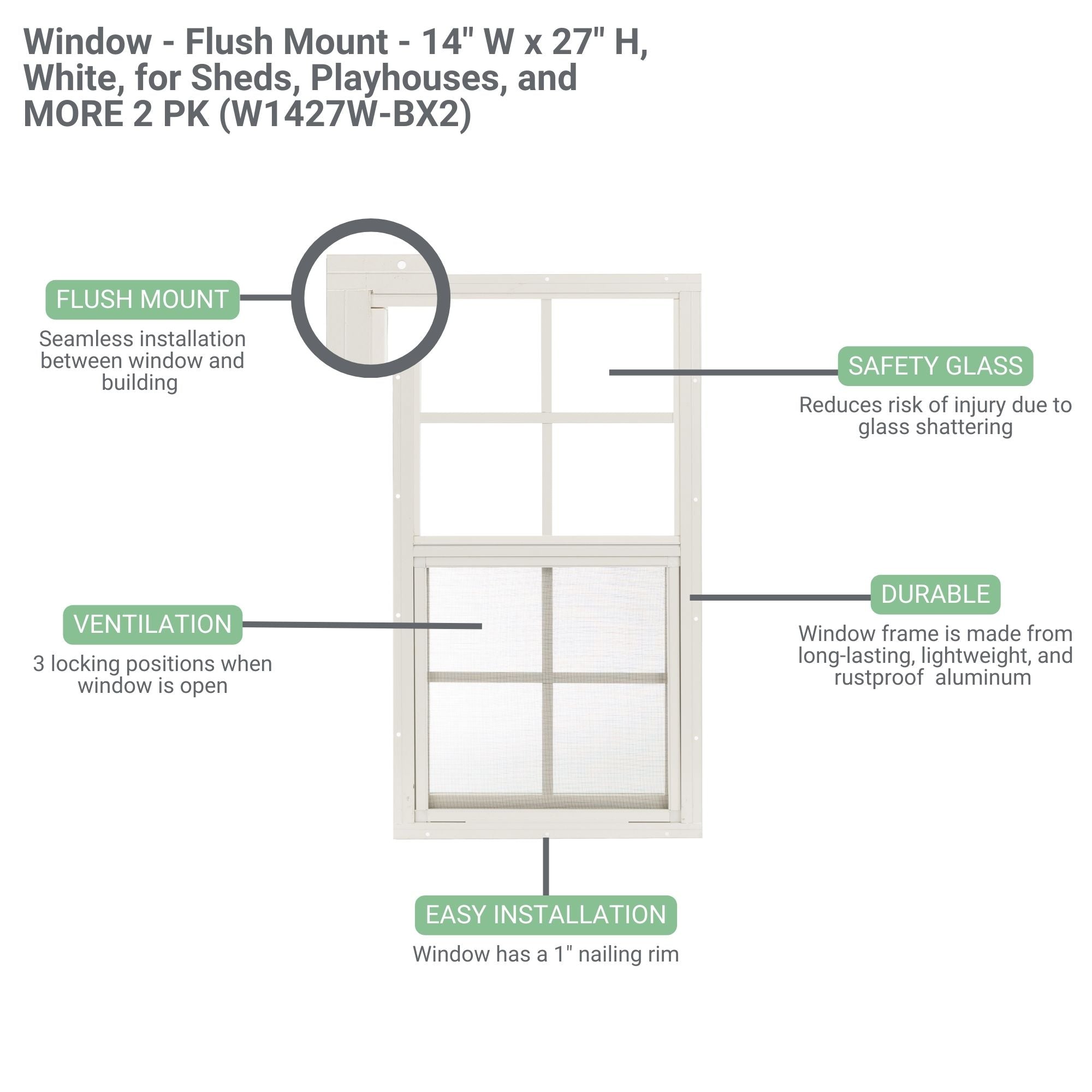 14" W x 27" H Flush Mount Shed Window, 2 PK
