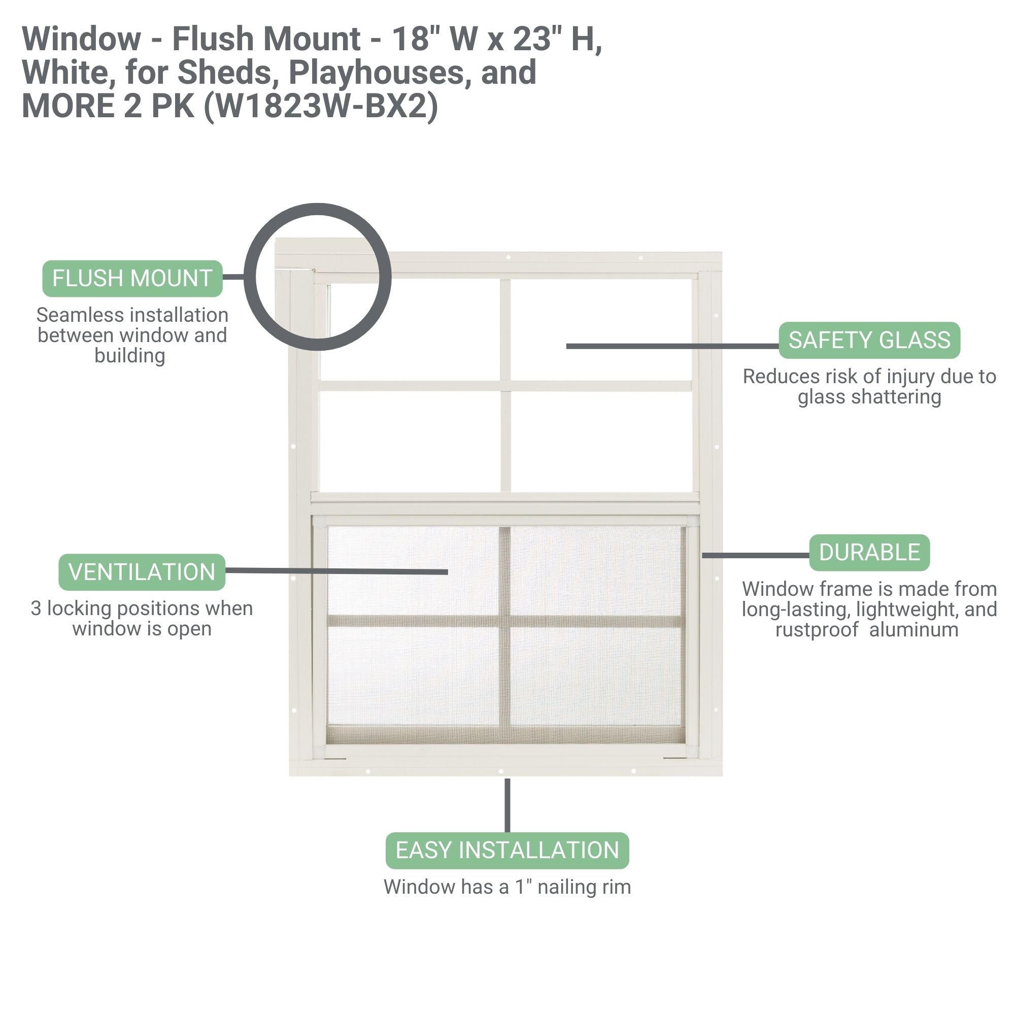 18" W x 23" H Flush Mount Shed Window,  2 PK