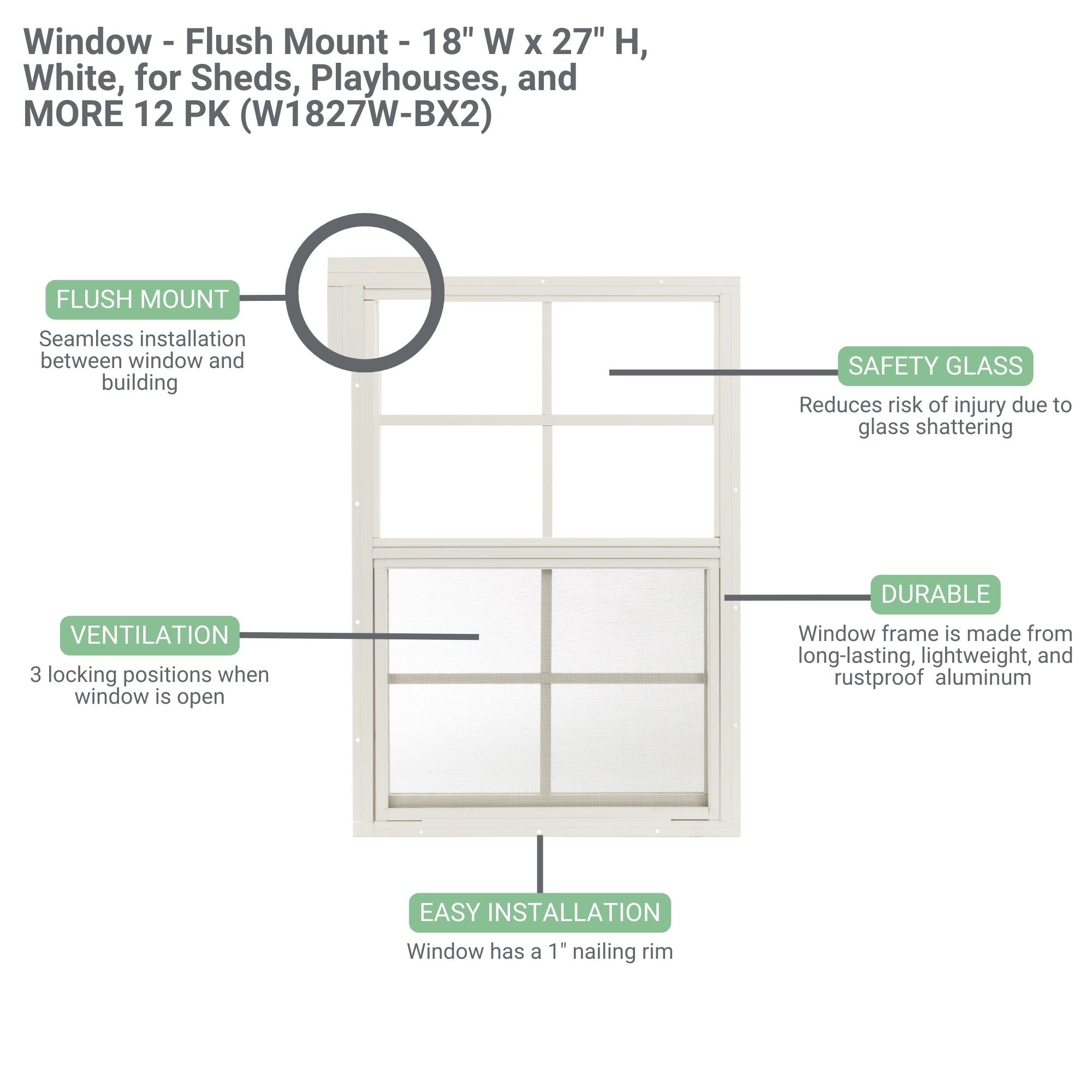18" W x 27" H Flush Mount Shed Window,  2 PK